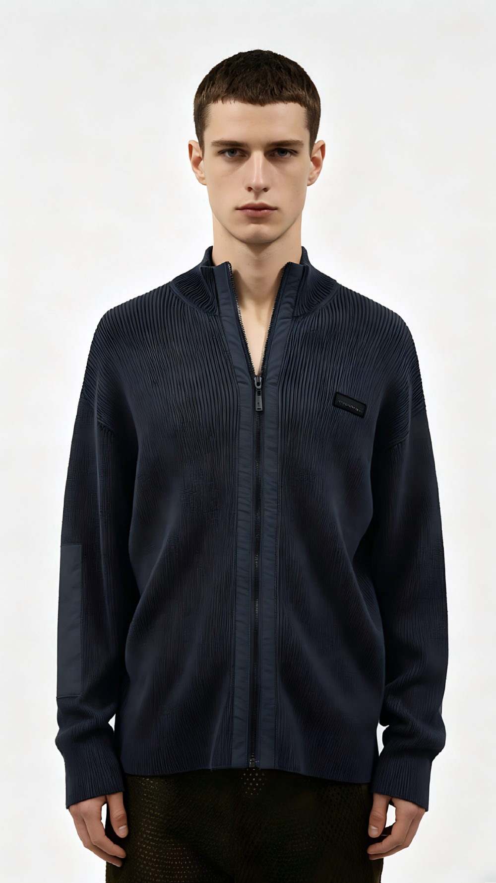 Navy Pleated Stand Collar Zip Jacket