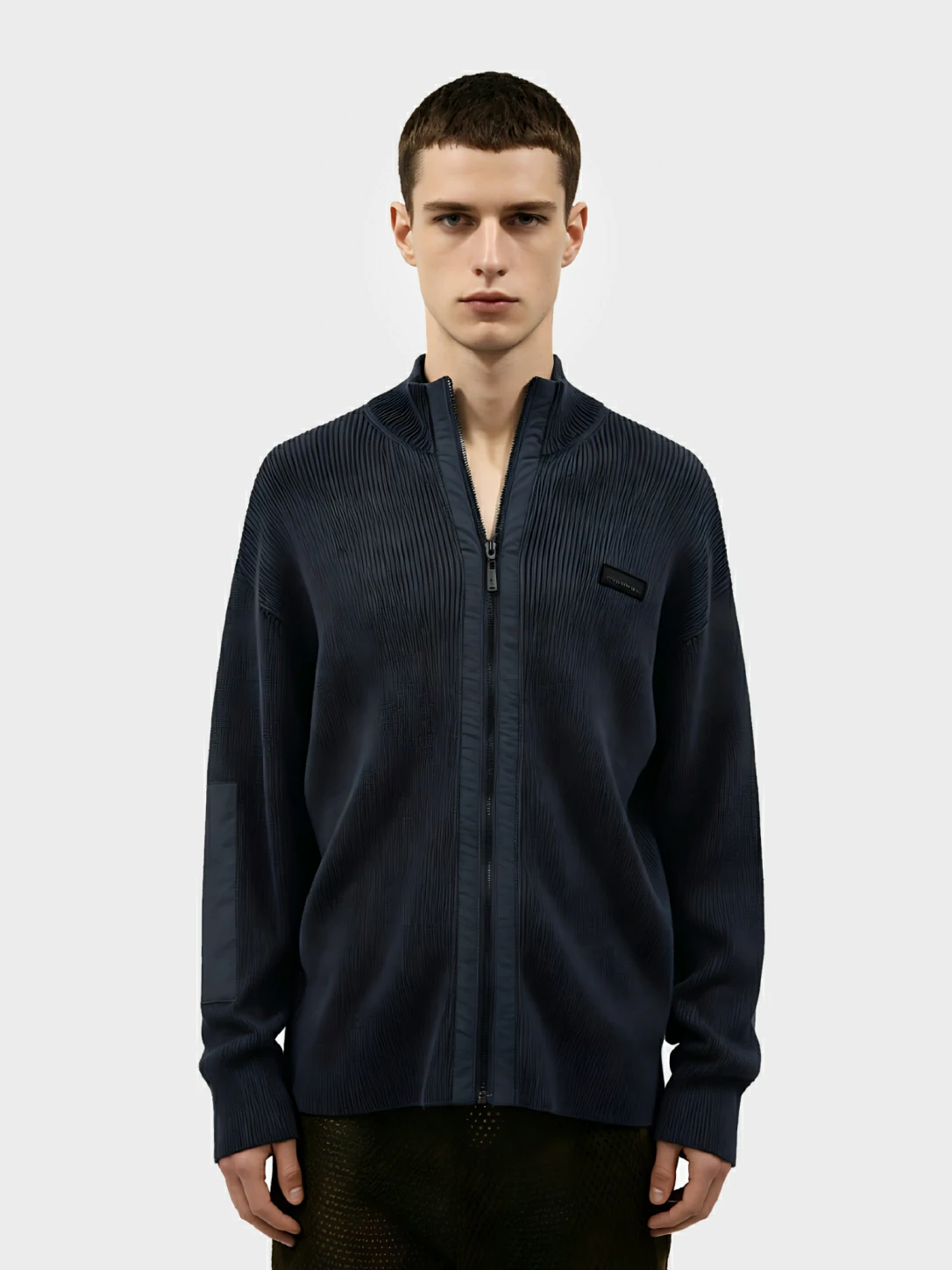 Navy Pleated Stand Collar Zip Jacket 1 Navy Pleated Stand Collar Zip Jacket