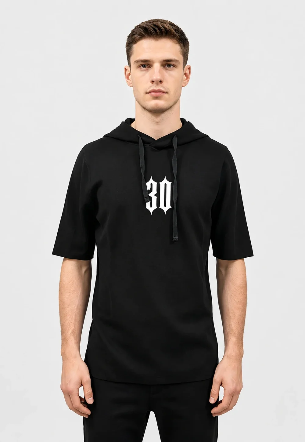 Black "30" Graphic Short-Sleeve Hoodie