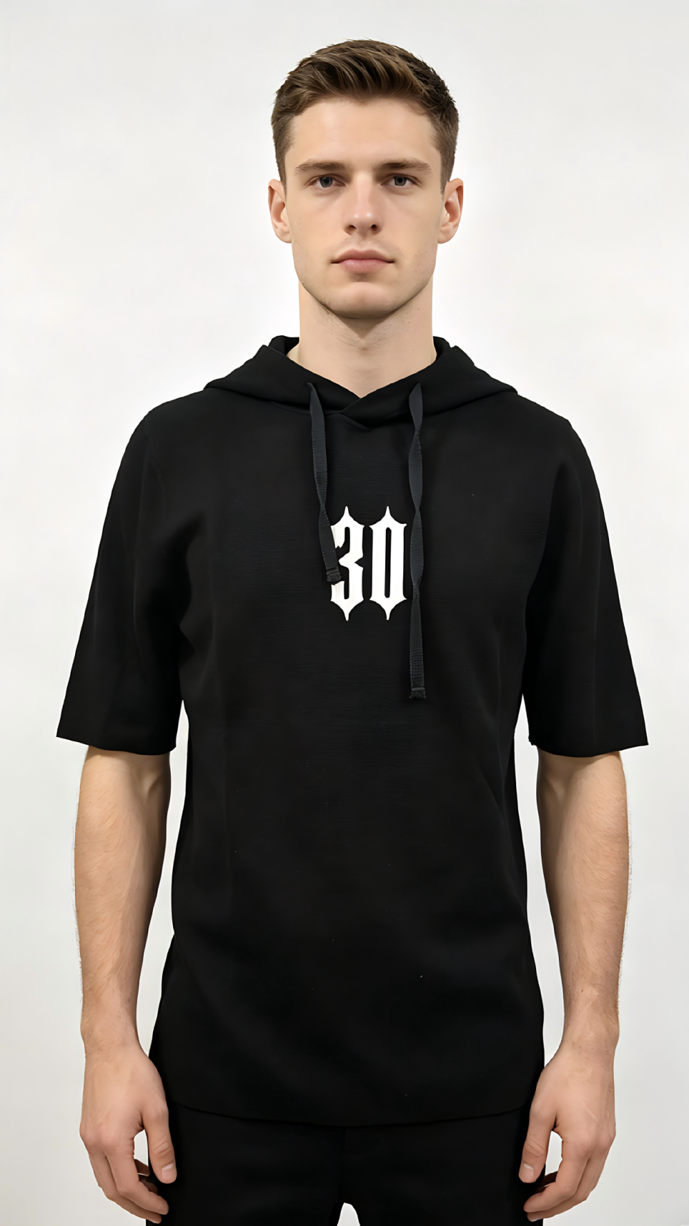 Black "30" Graphic Short-Sleeve Hoodie