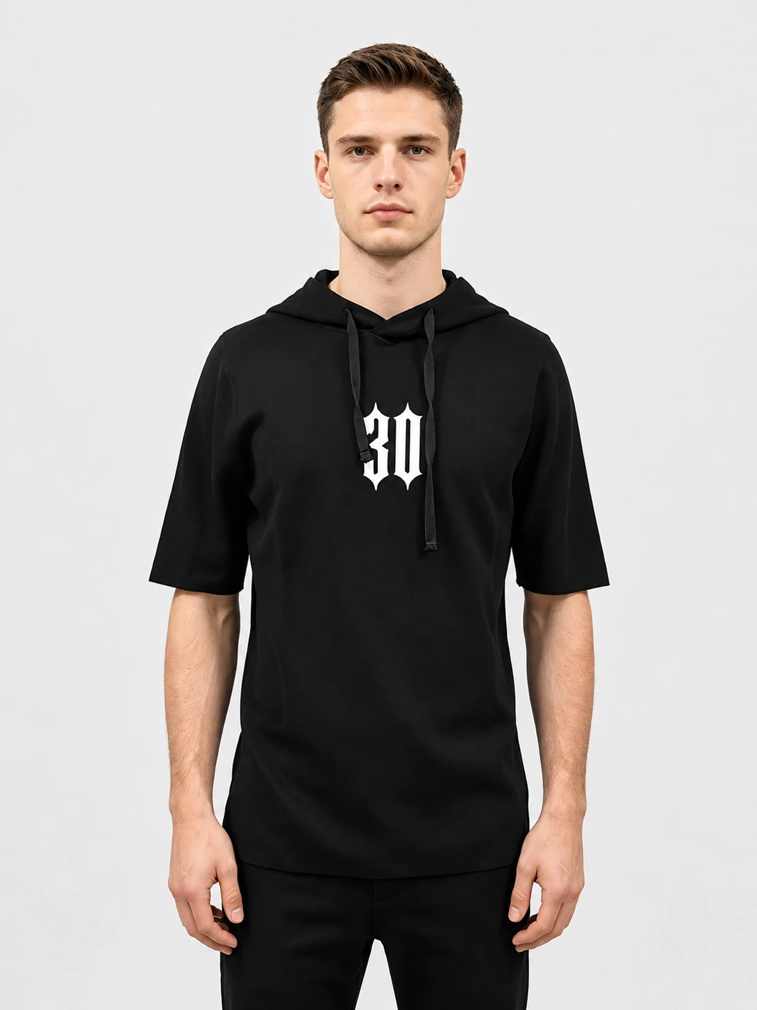 Black "30" Graphic Short-Sleeve Hoodie 1 Black "30" Graphic Short-Sleeve Hoodie