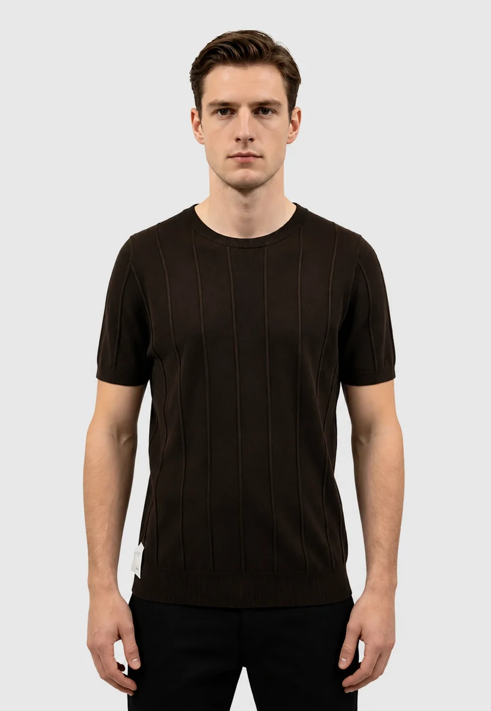 Dark Brown Vertical Rib Knit Crewneck T-Shirt