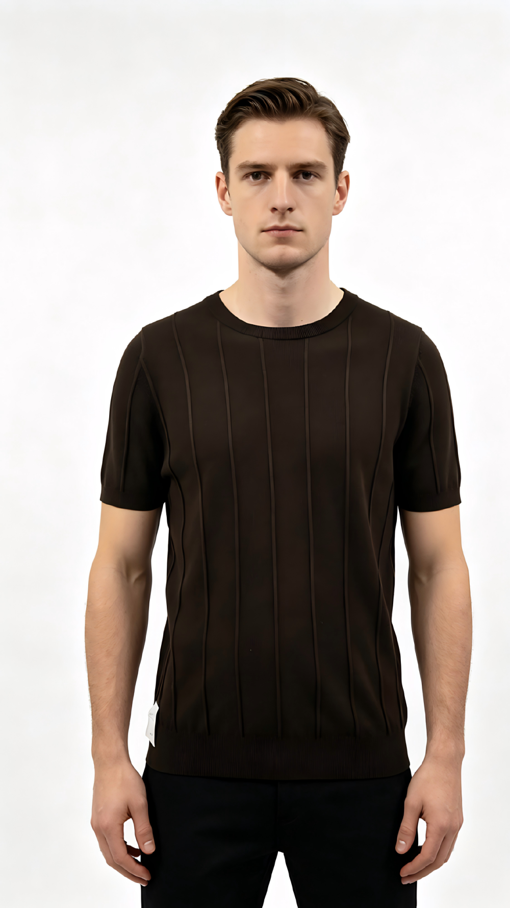 Dark Brown Vertical Rib Knit Crewneck T-Shirt