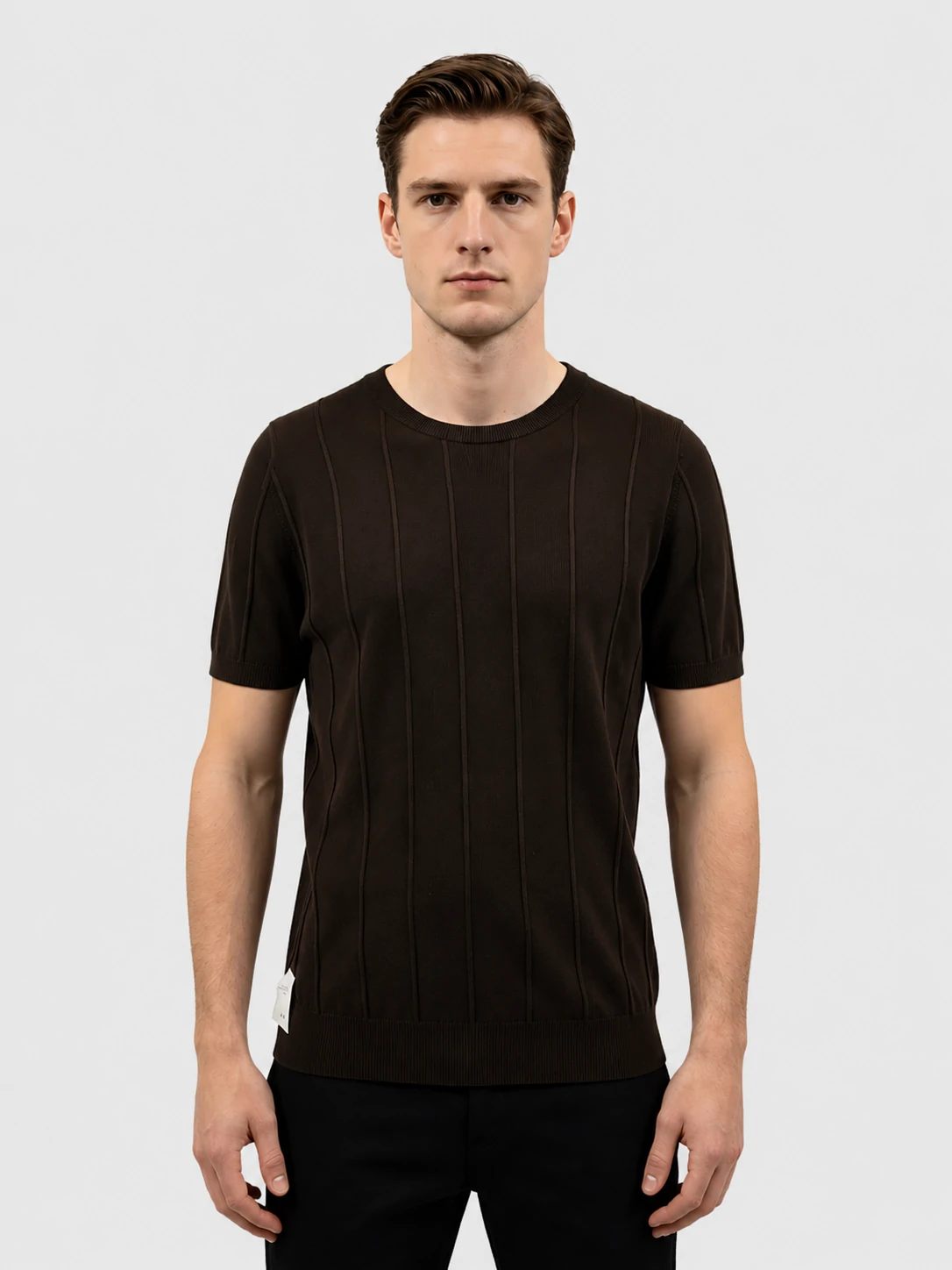 Dark Brown Vertical Rib Knit Crewneck T-Shirt 1 Dark Brown Vertical Rib Knit Crewneck T-Shirt
