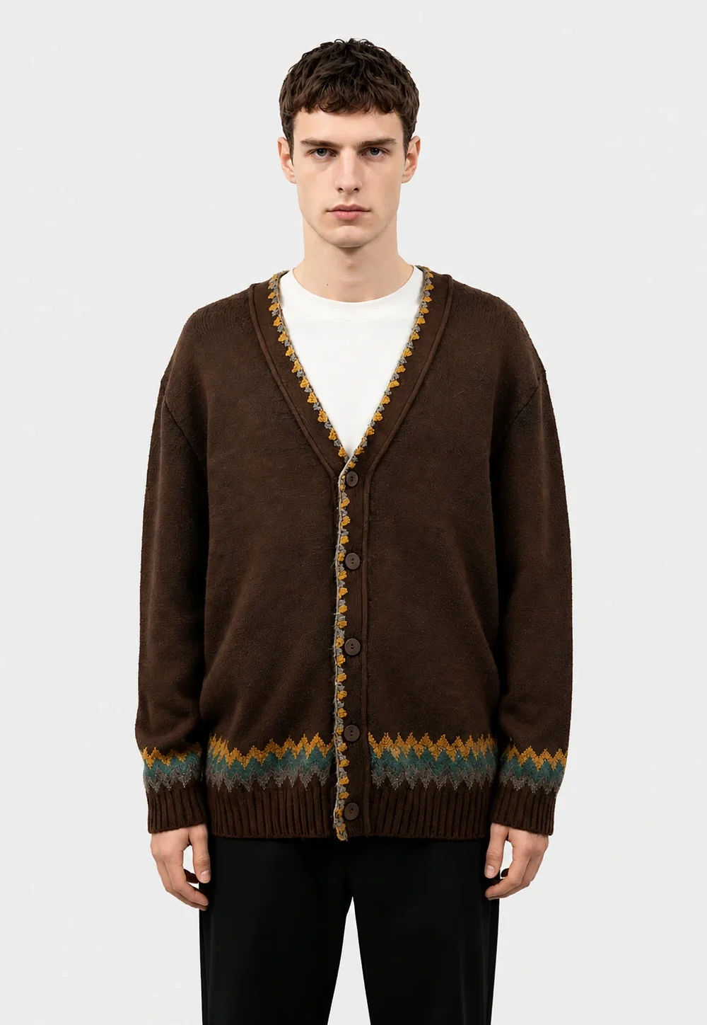 Brown Geo-Trim Knit Cardigan