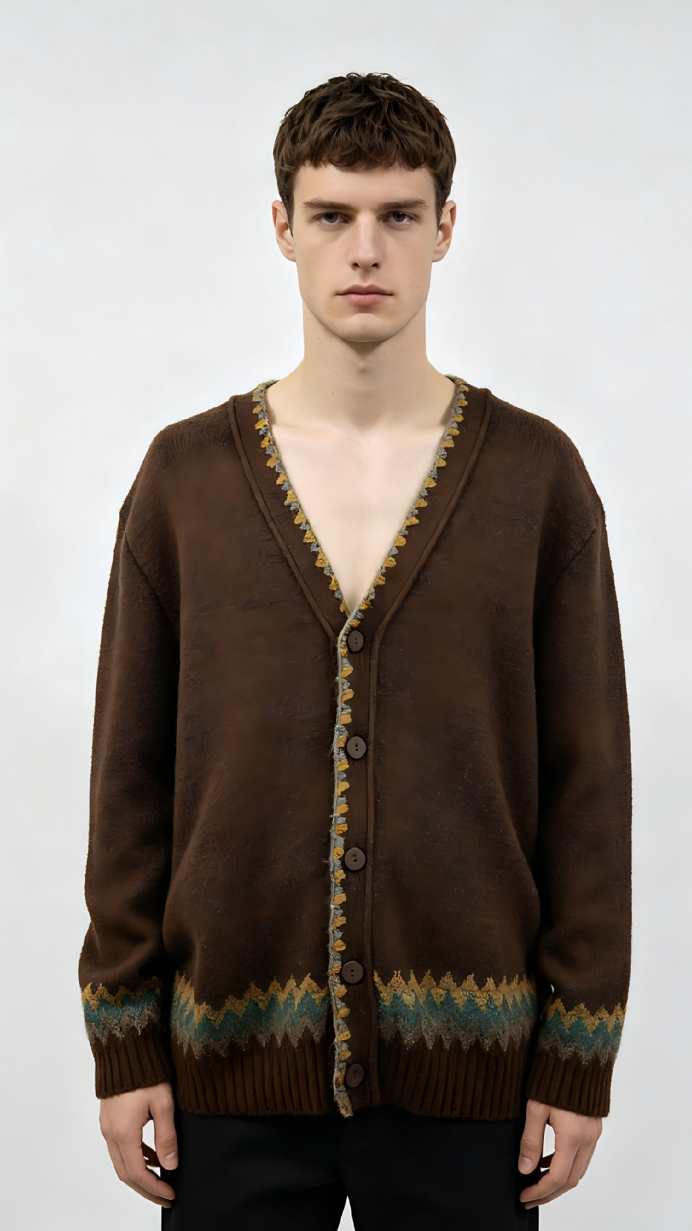 Brown Geo-Trim Knit Cardigan