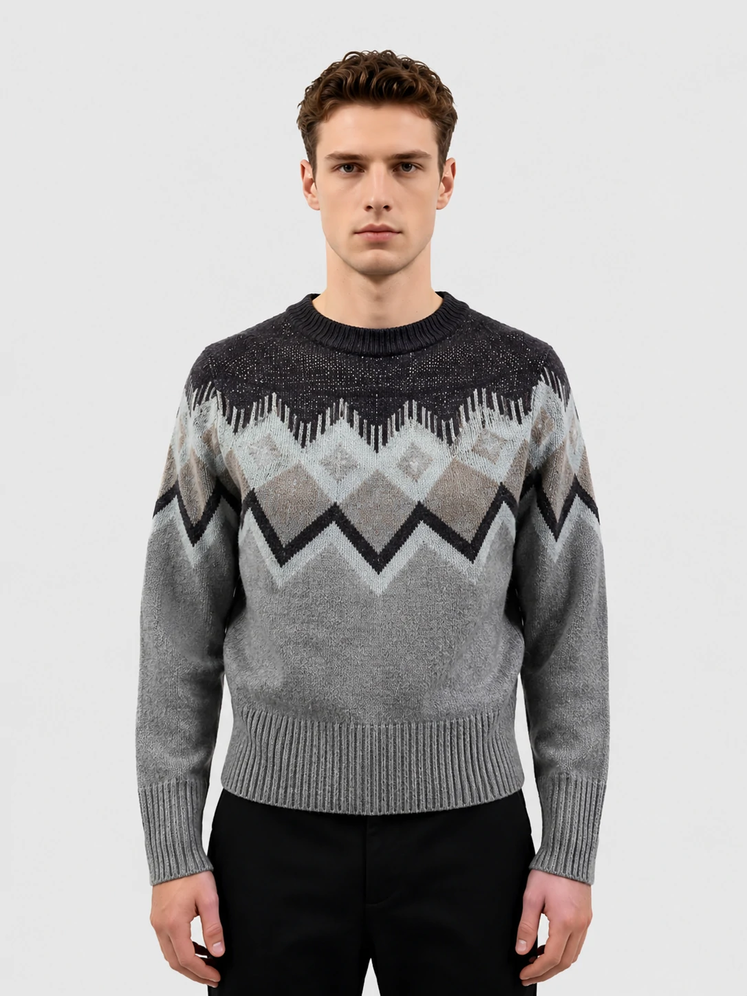 Grey Fair Isle Knit Sweater 1 Grey Fair Isle Knit Sweater