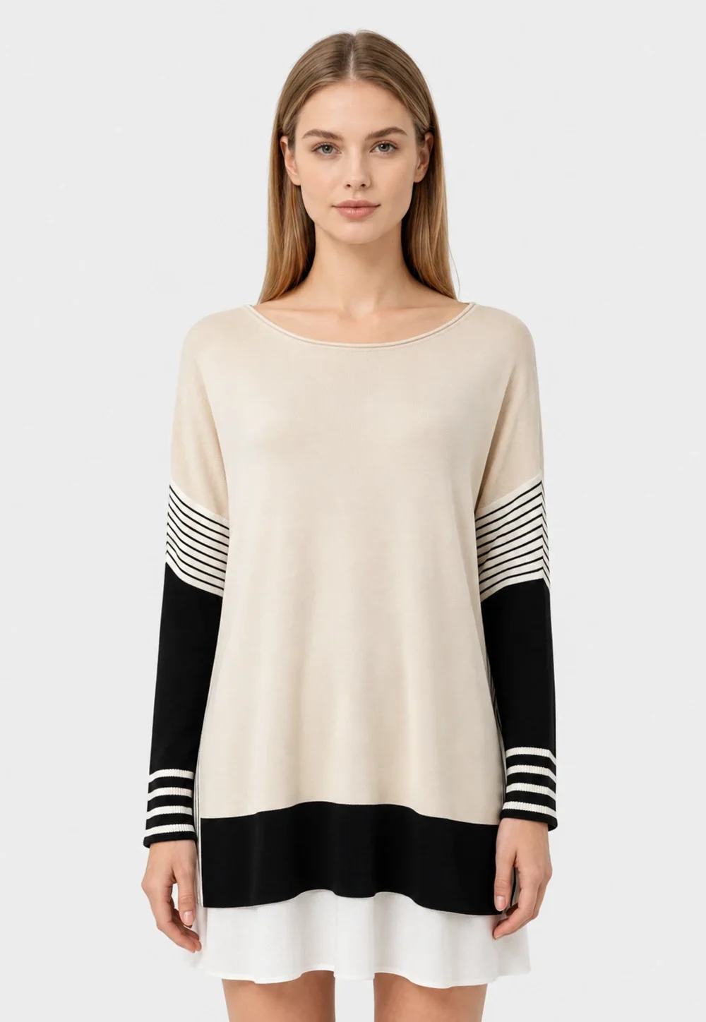 Beige Black Colorblock Stripe Detail Round Neck Knit Top