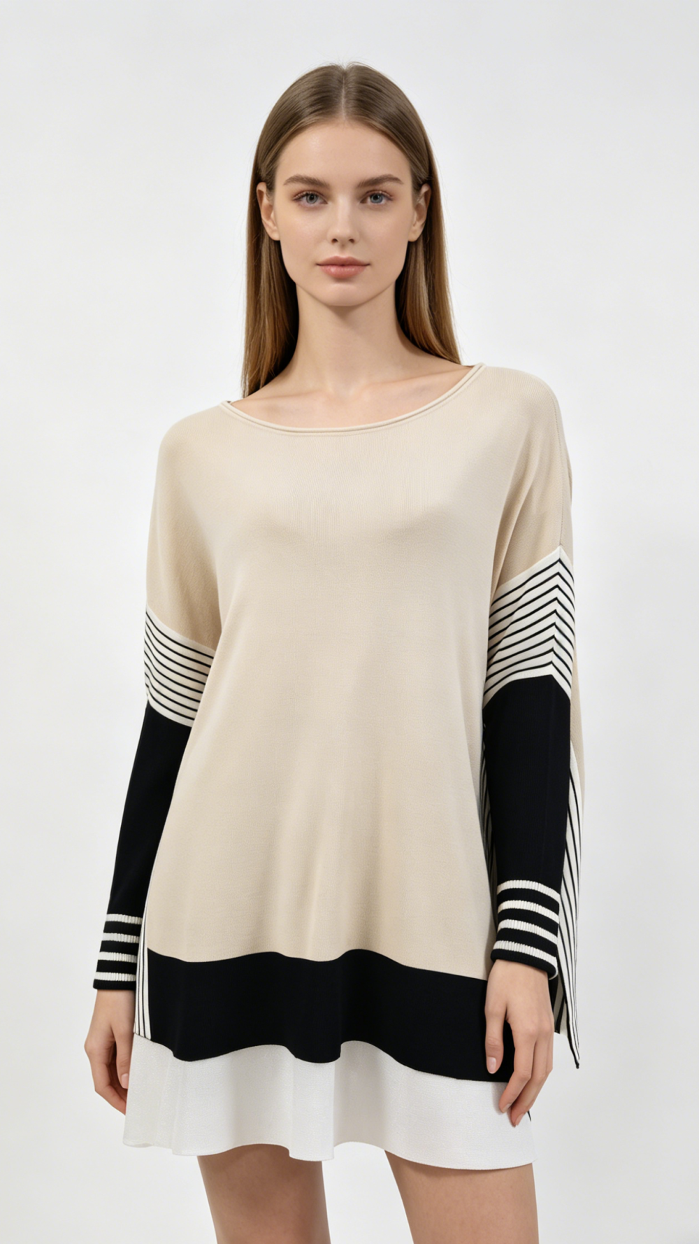 Beige Black Colorblock Stripe Detail Round Neck Knit Top