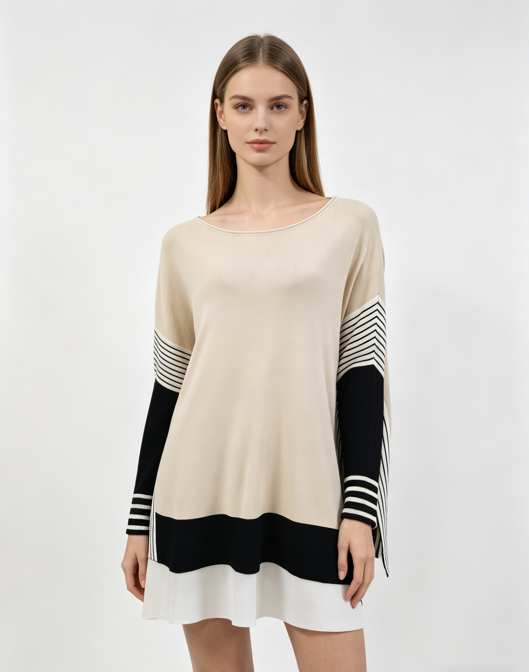 Beige Black Colorblock Stripe Detail Round Neck Knit Top