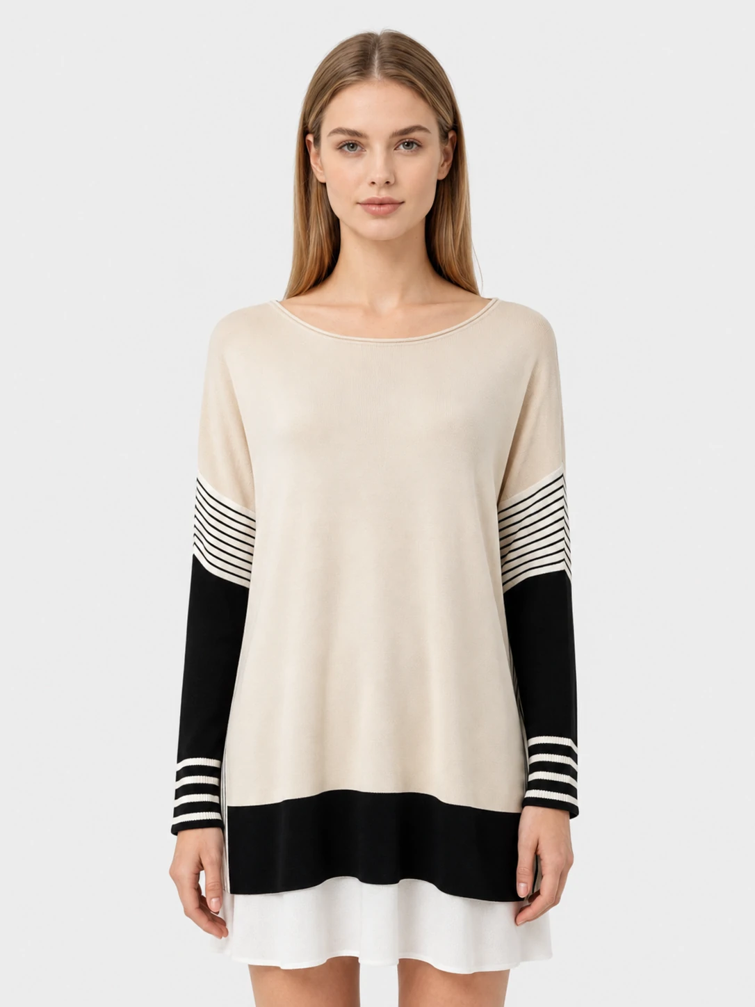 Beige Black Colorblock Stripe Detail Round Neck Knit Top 1 Beige Black Colorblock Stripe Detail Round Neck Knit Top