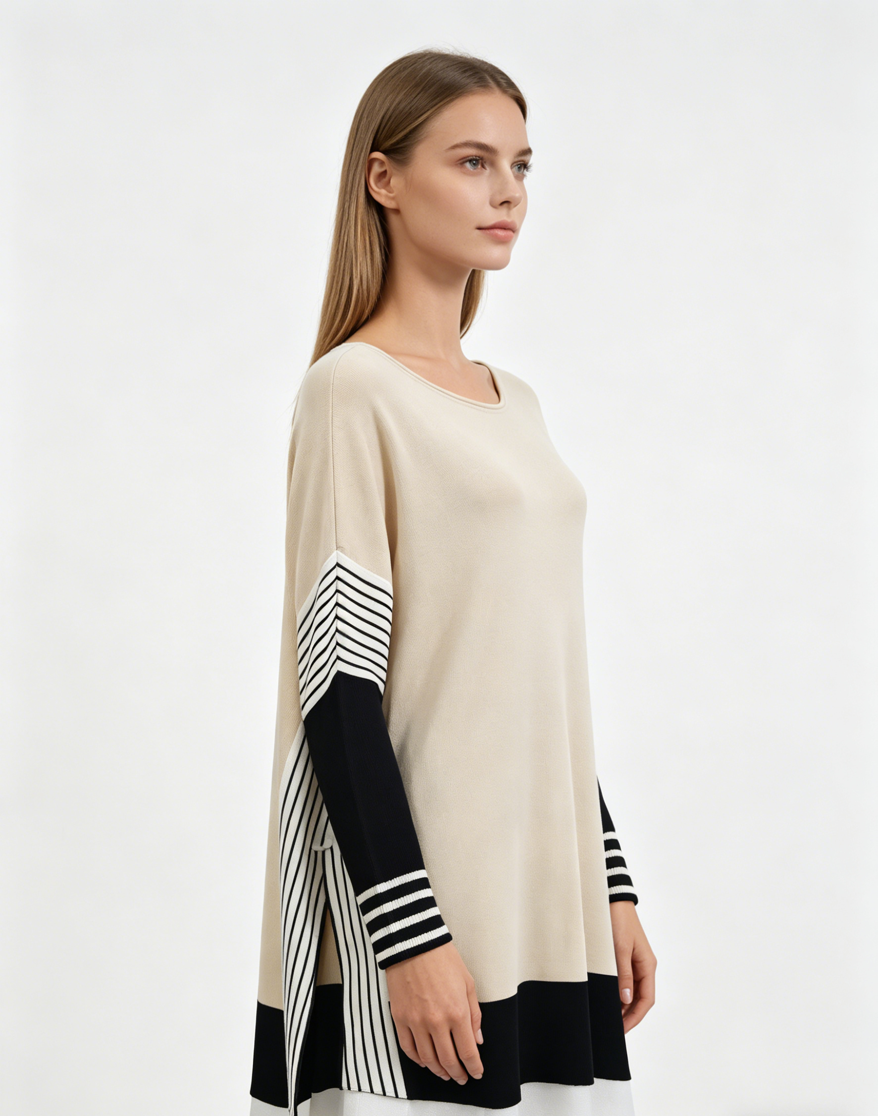 Beige Black Colorblock Stripe Detail Round Neck Knit Top - Image 2