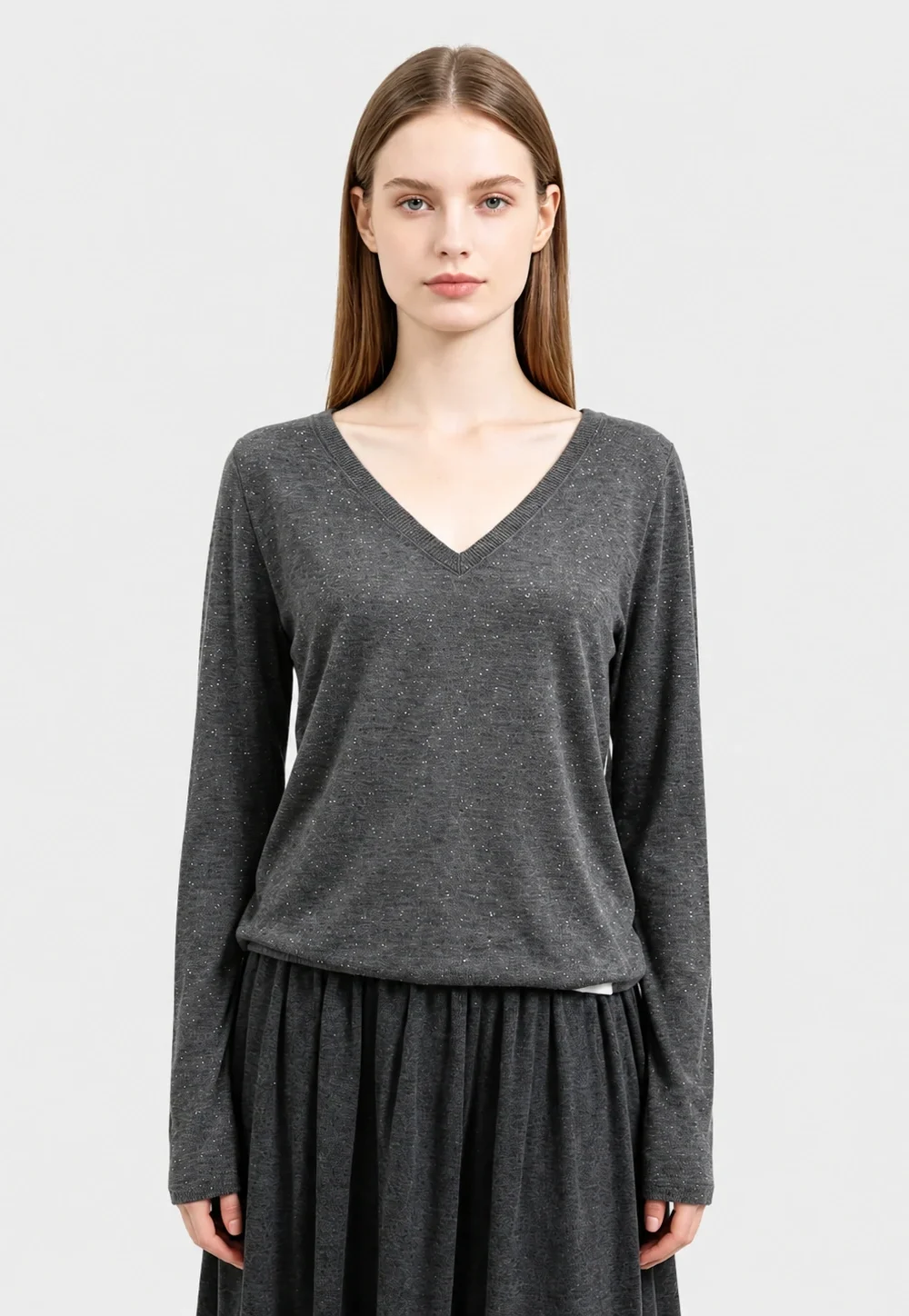 Sequin-Embellished Wool V-Neck Two-Piece Set
