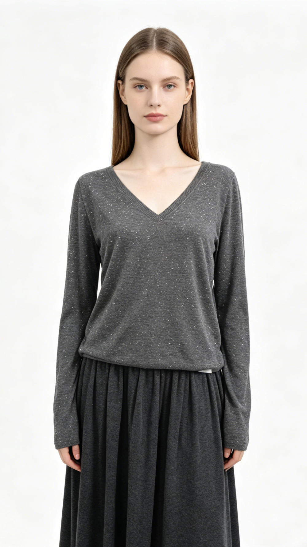 Sequin-Embellished Wool V-Neck Two-Piece Set