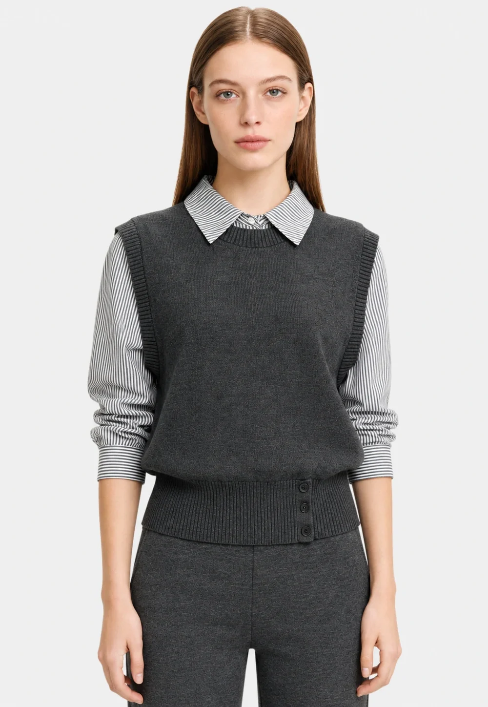 Grey Knit Vest & Shirt Two-Piece Set