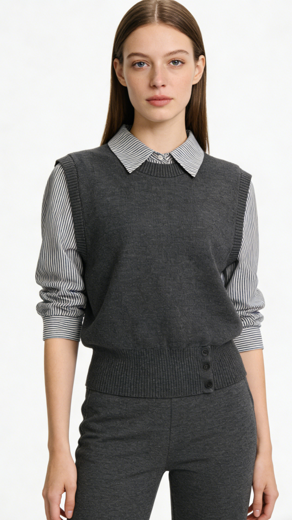 Grey Knit Vest & Shirt Two-Piece Set