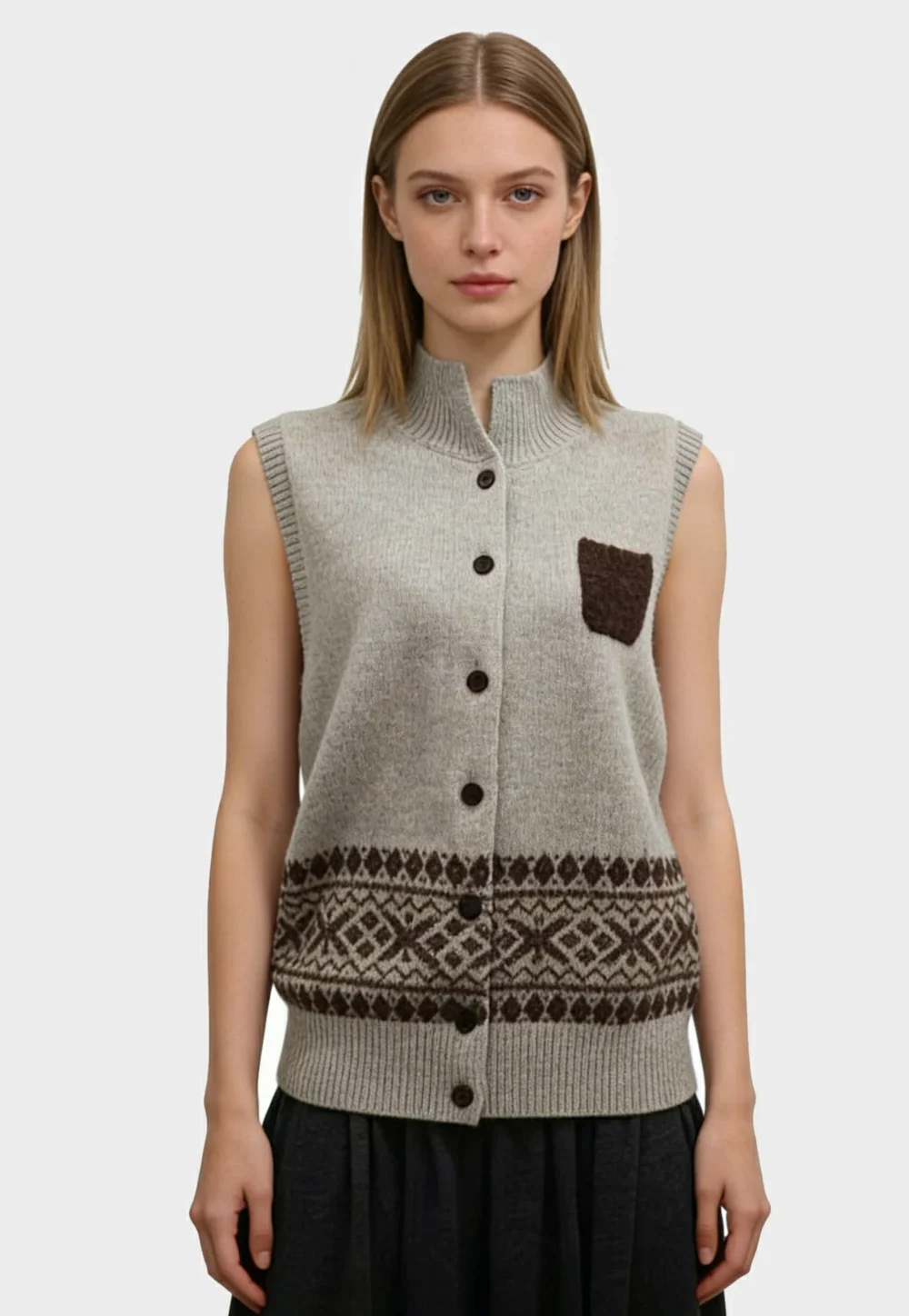 Wool Alpaca Blend Fair Isle Pocket Vest