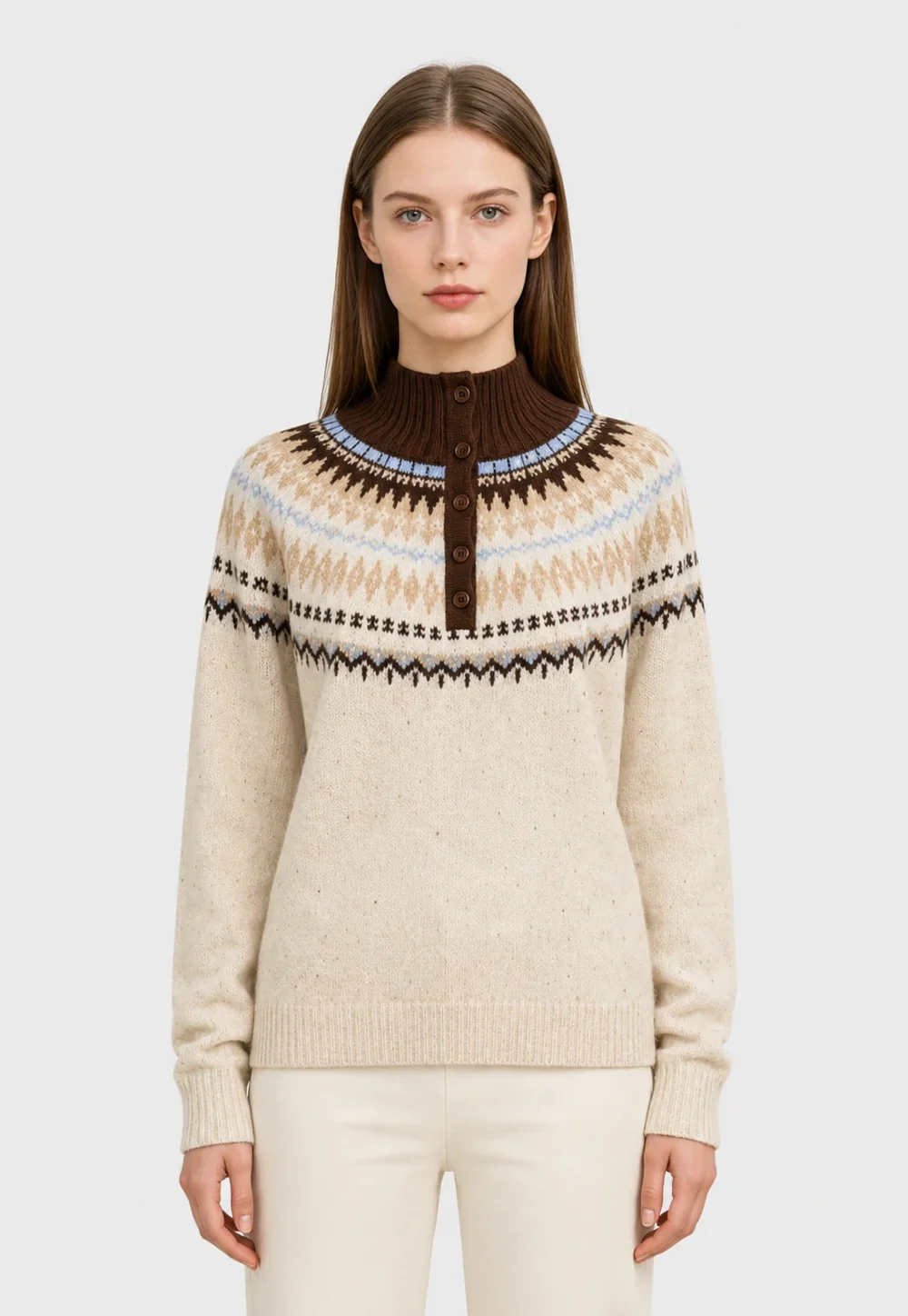 Fair Isle Half-Button 100%Cashmere Sweater