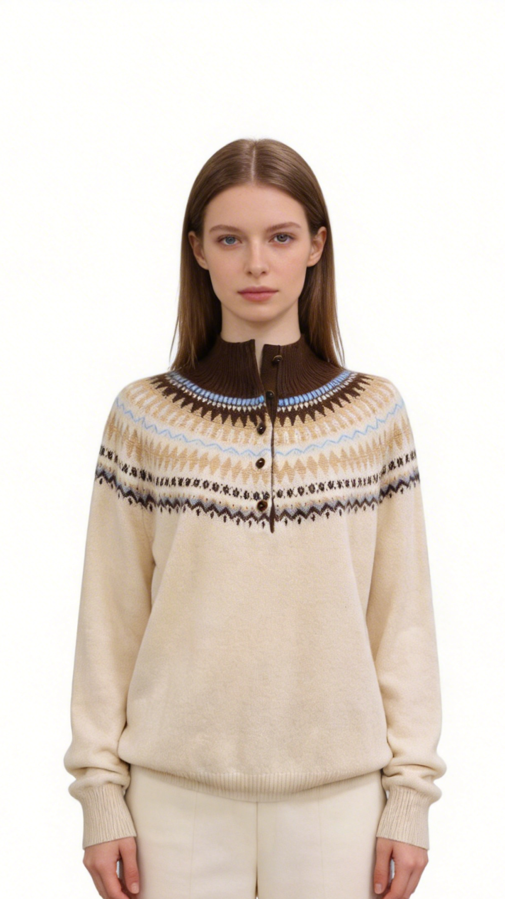 Fair Isle Half-Button 100%Cashmere Sweater