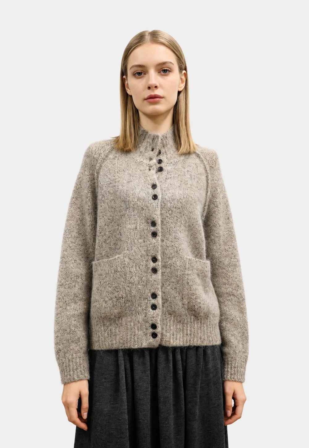 Fuzzy Mohair Blend High Neck Cardigan