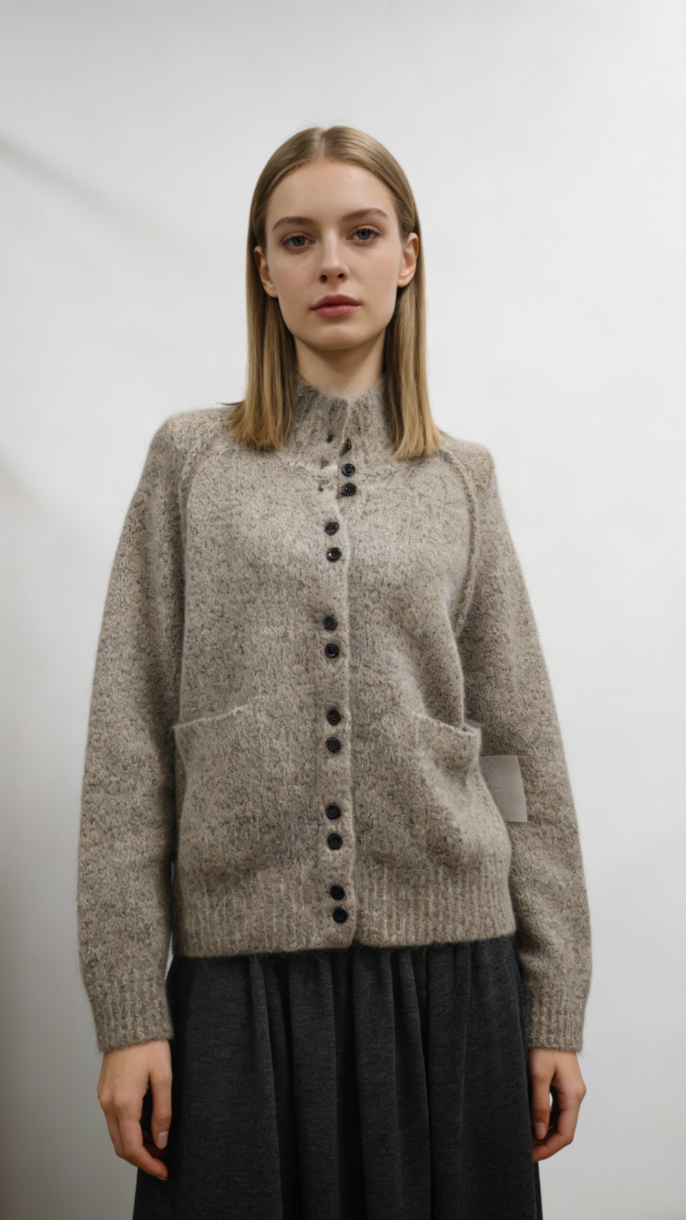 Fuzzy Mohair Blend High Neck Cardigan