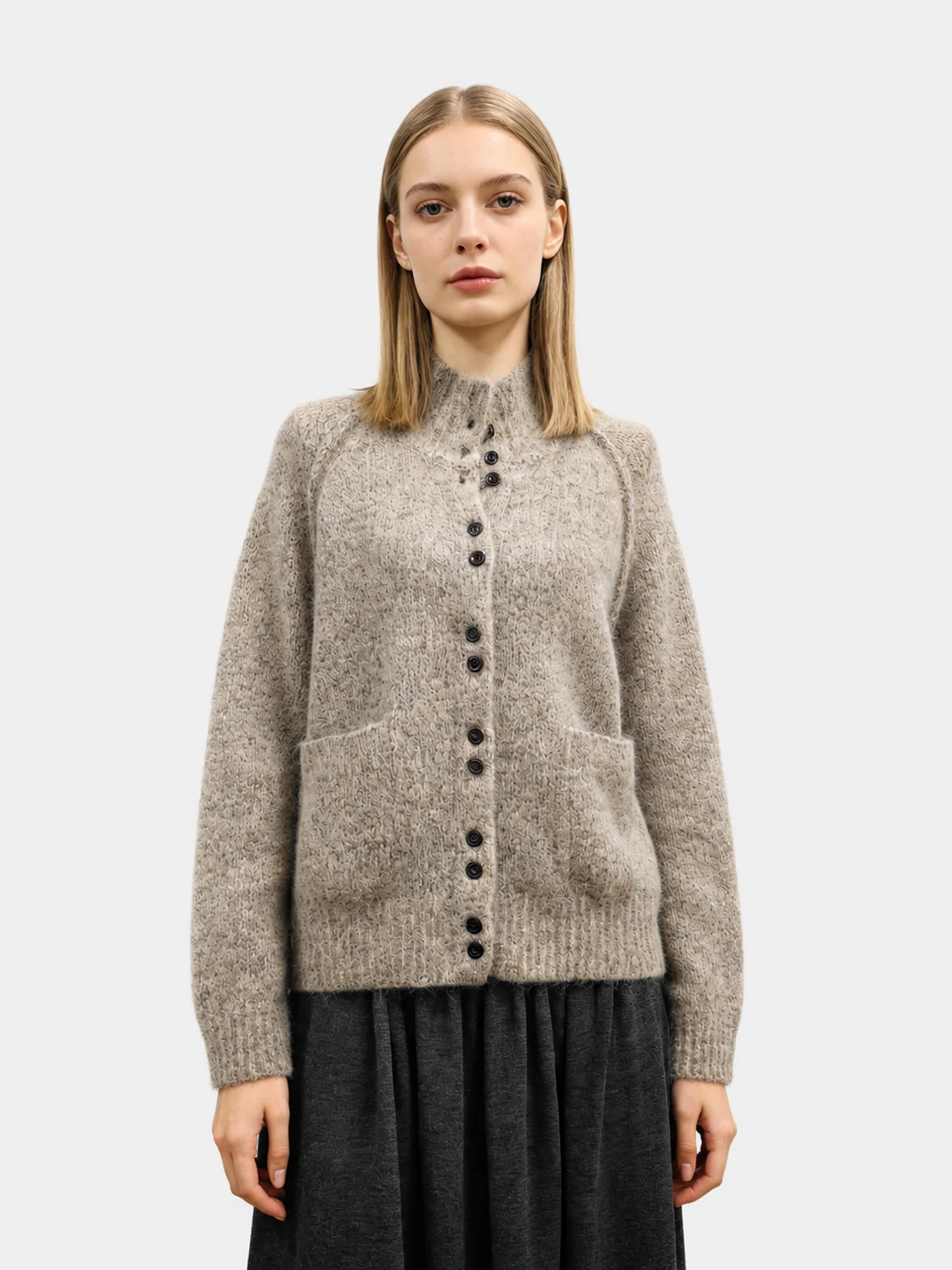 Fuzzy Mohair Blend High Neck Cardigan 1 Fuzzy Mohair Blend High Neck Cardigan