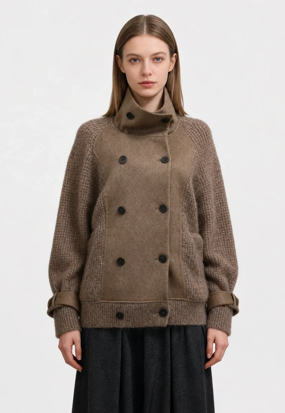 Wool Blend Double-breasted Contrast Panel Knit Jacket