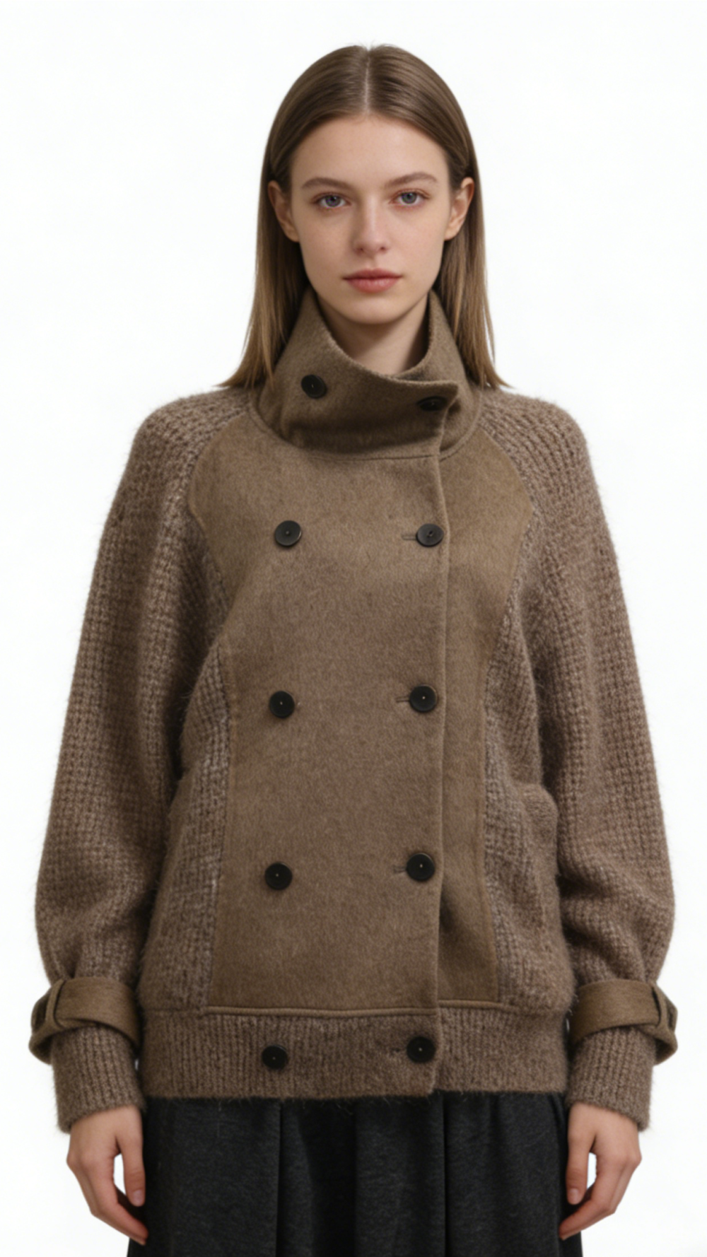 Wool Blend Double-breasted Contrast Panel Knit Jacket