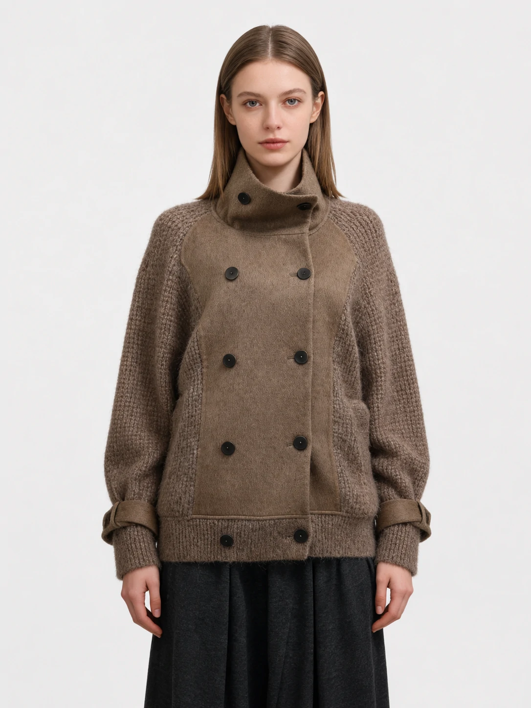 Wool Blend Double-breasted Contrast Panel Knit Jacket 1 Wool Blend Double-breasted Contrast Panel Knit Jacket