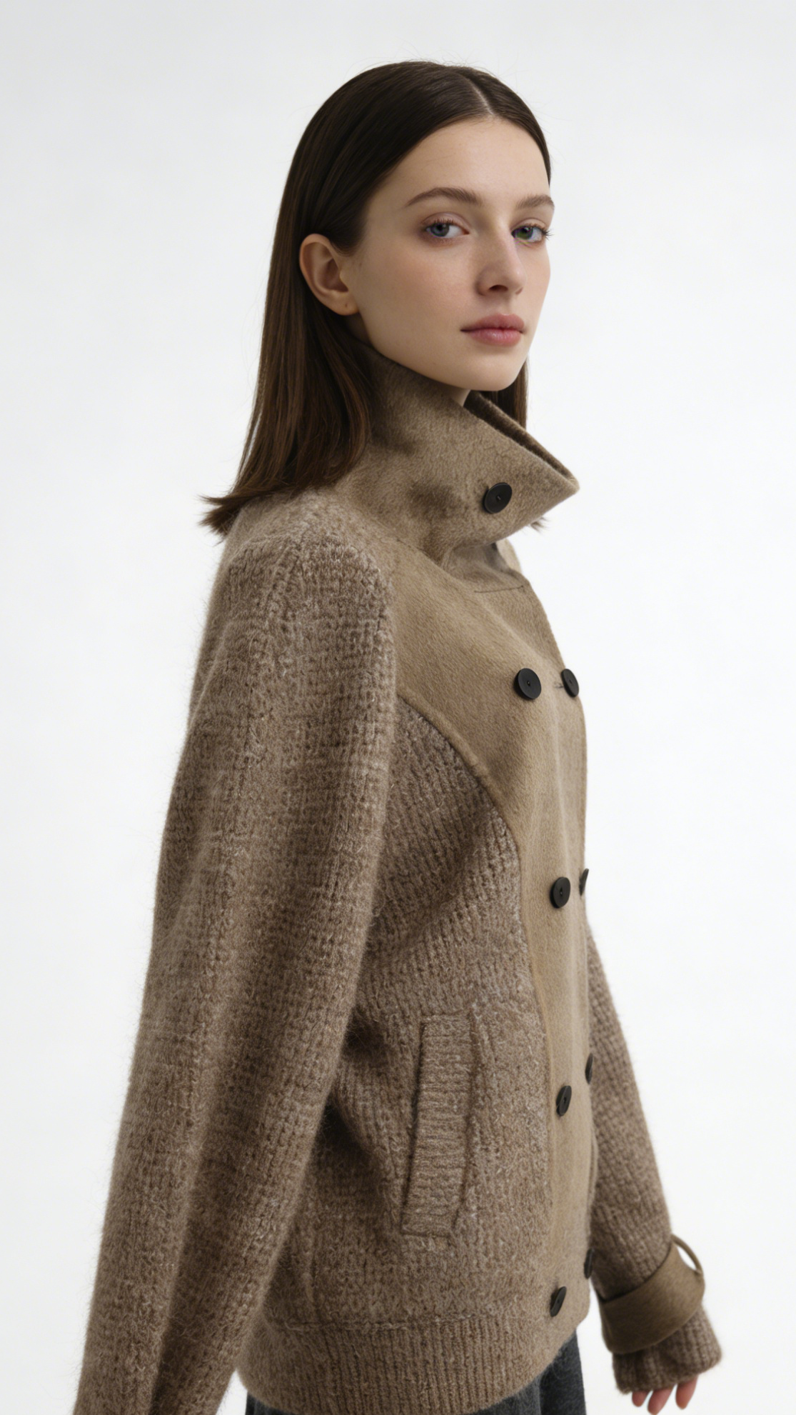 Wool Blend Double-breasted Contrast Panel Knit Jacket - Image 2