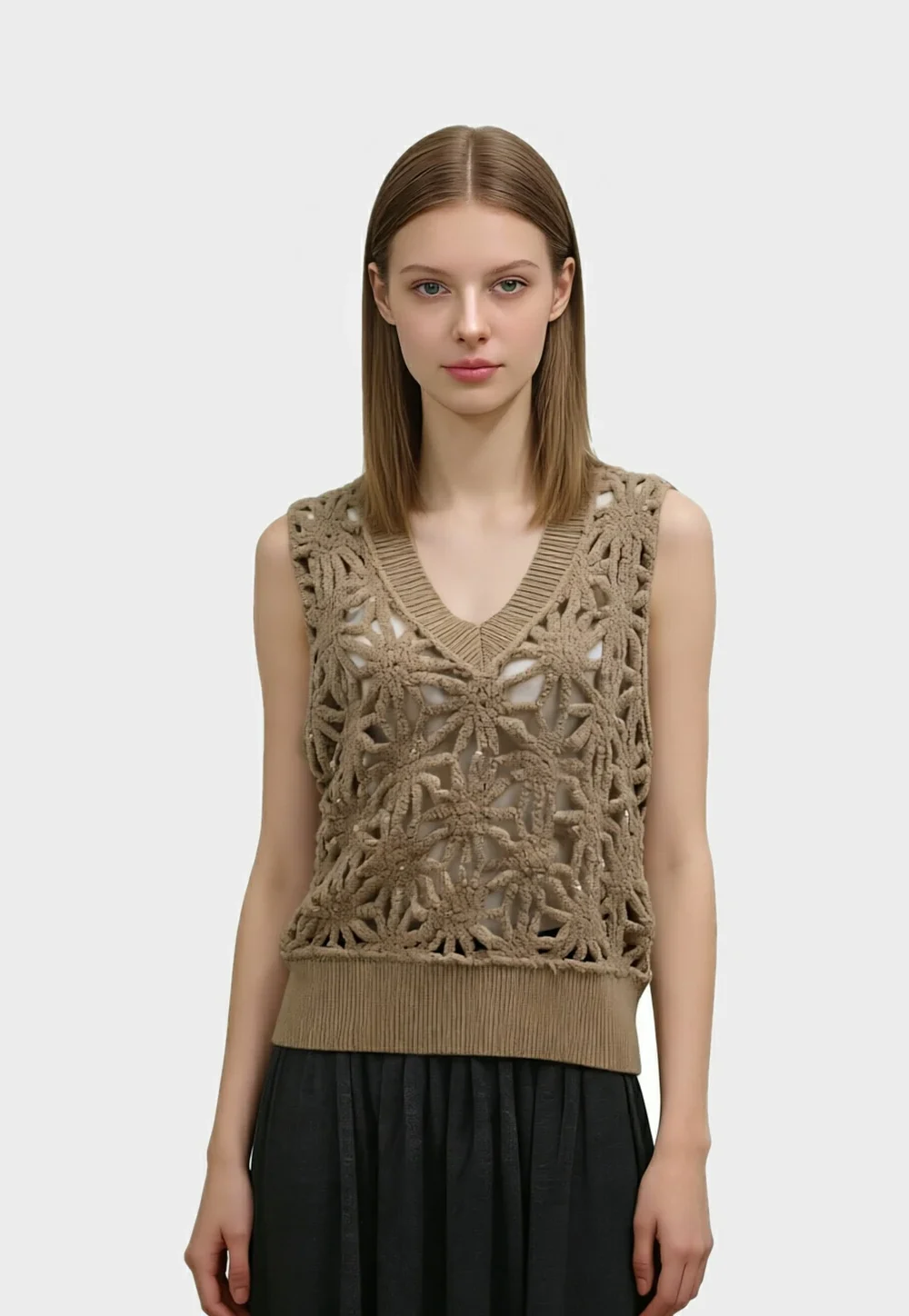 97%Wool Sequin Embellished Crochet Vest