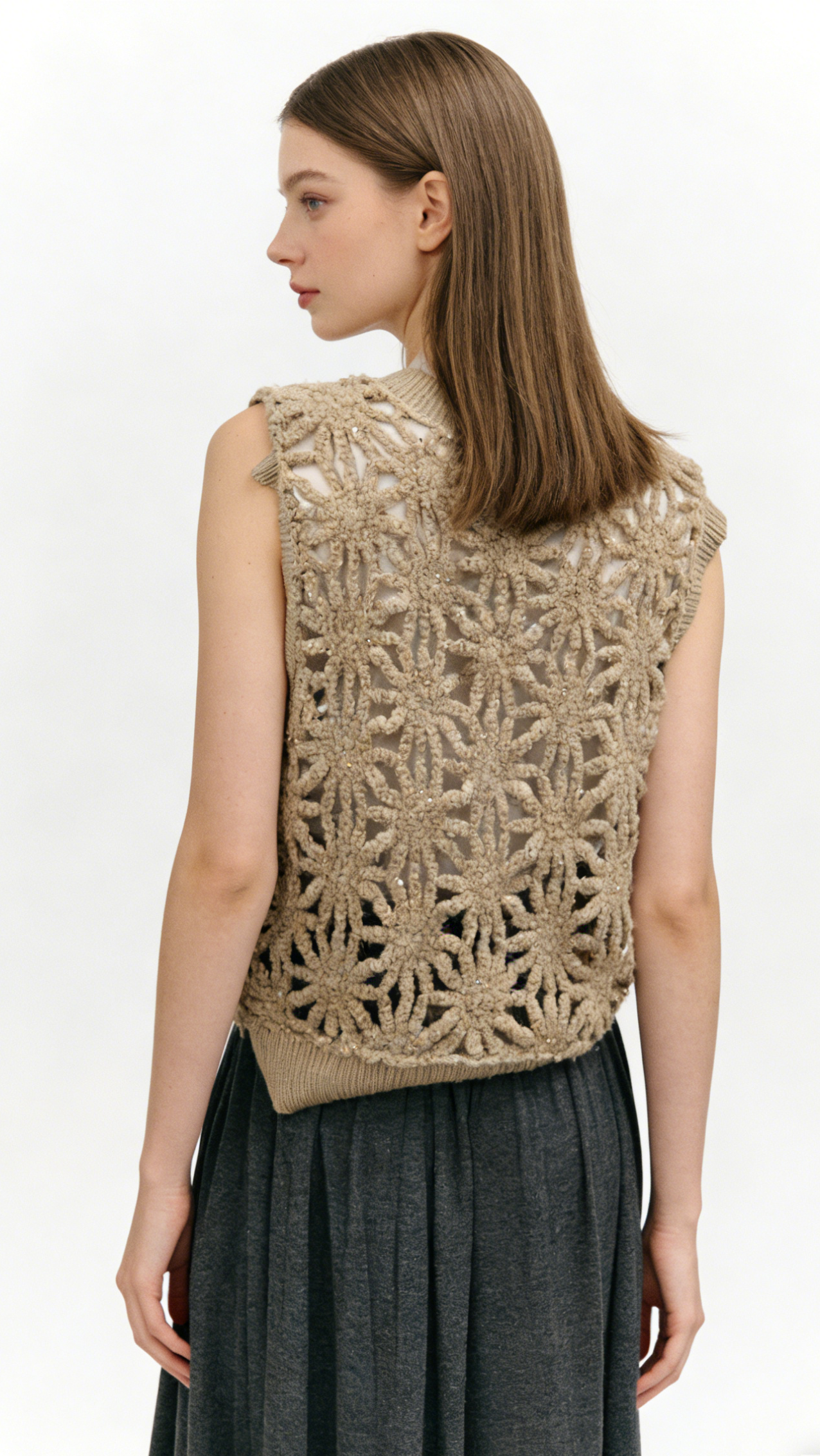 97%Wool Sequin Embellished Crochet Vest - Image 2