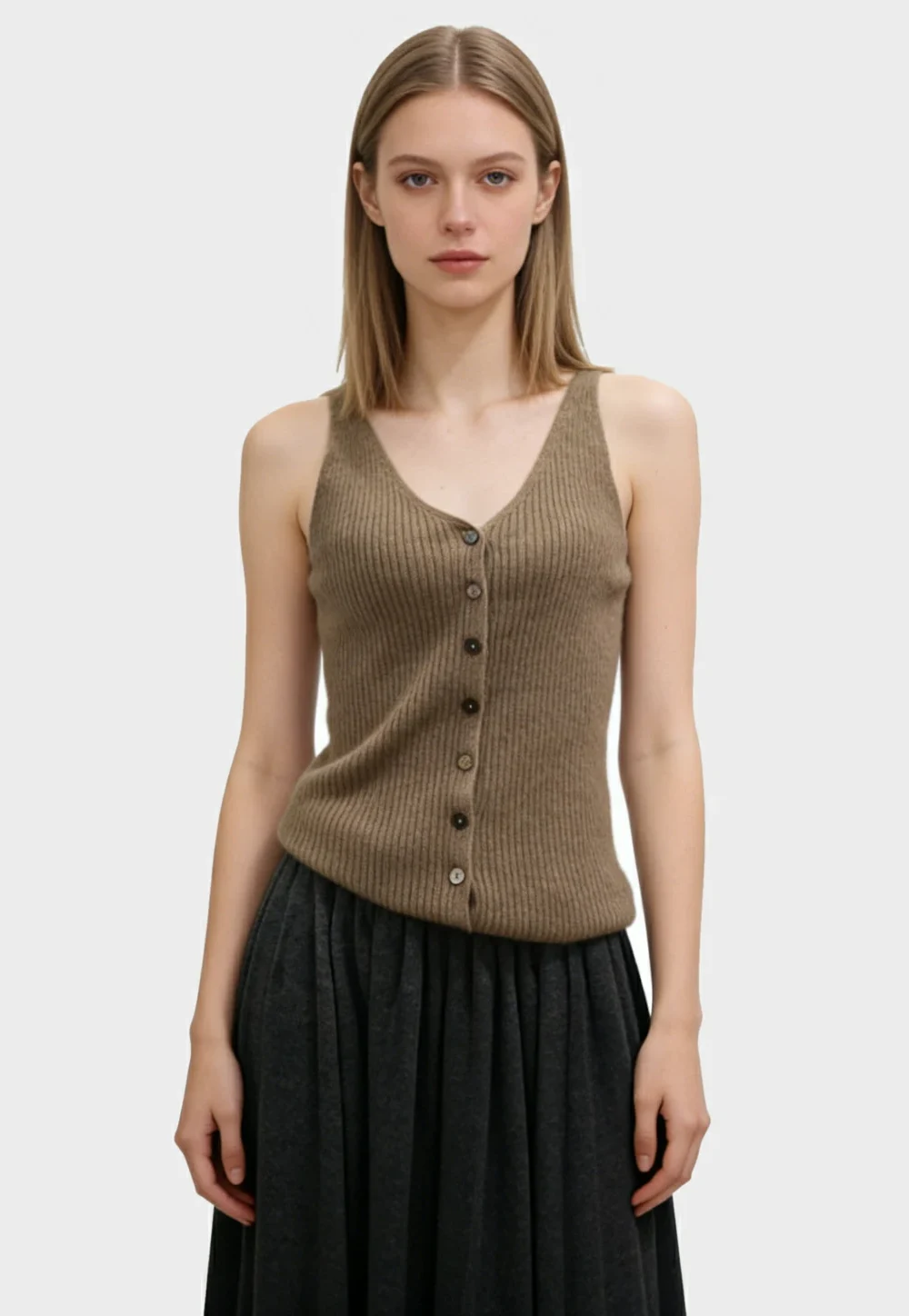 100%Cashmere Ribbed Button-front Tank