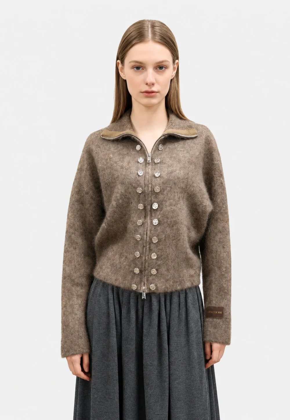 Mohair Cashmere Blend Double-breasted Zip-up Knit Jacket