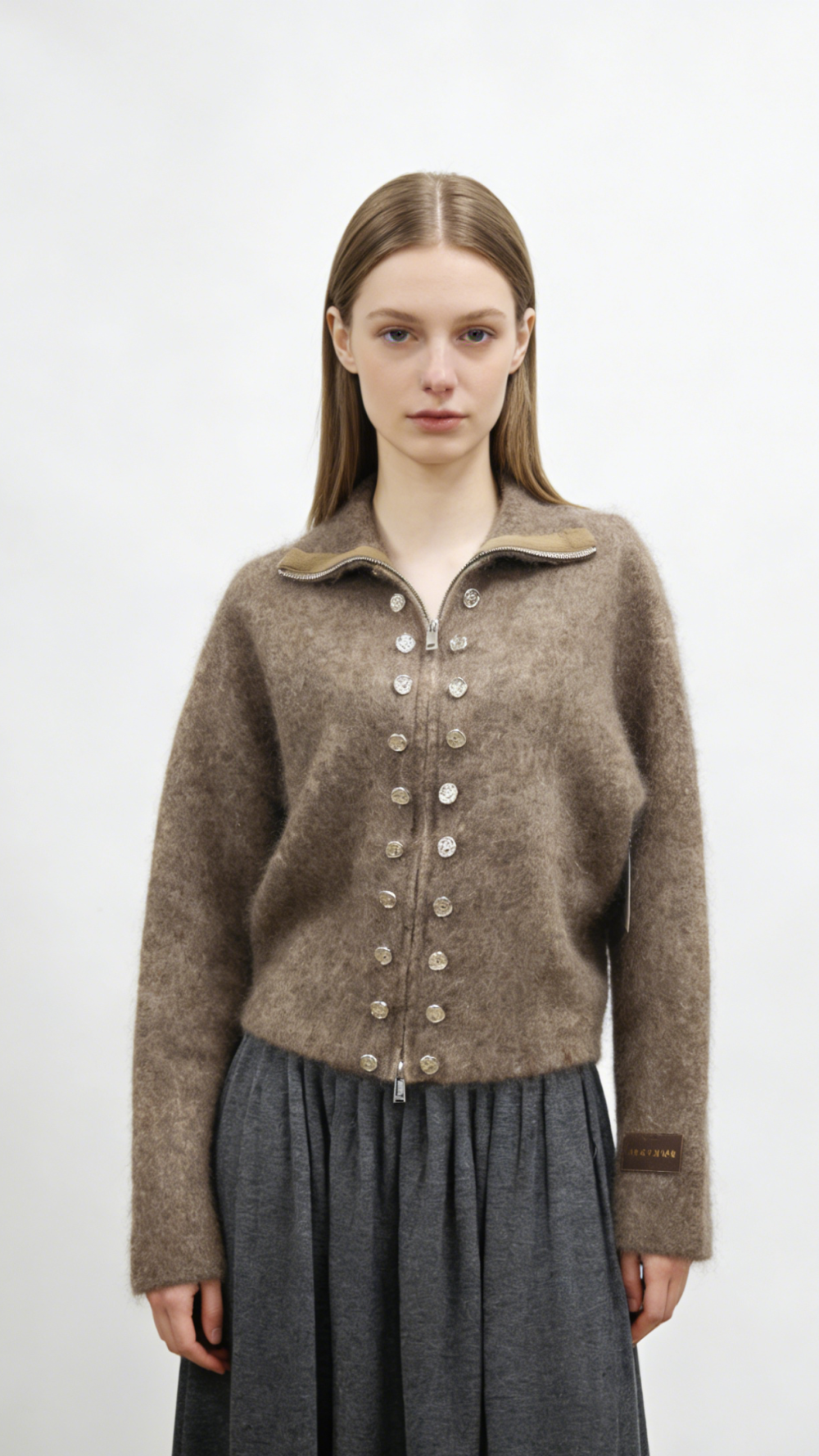 Mohair Cashmere Blend Double-breasted Zip-up Knit Jacket
