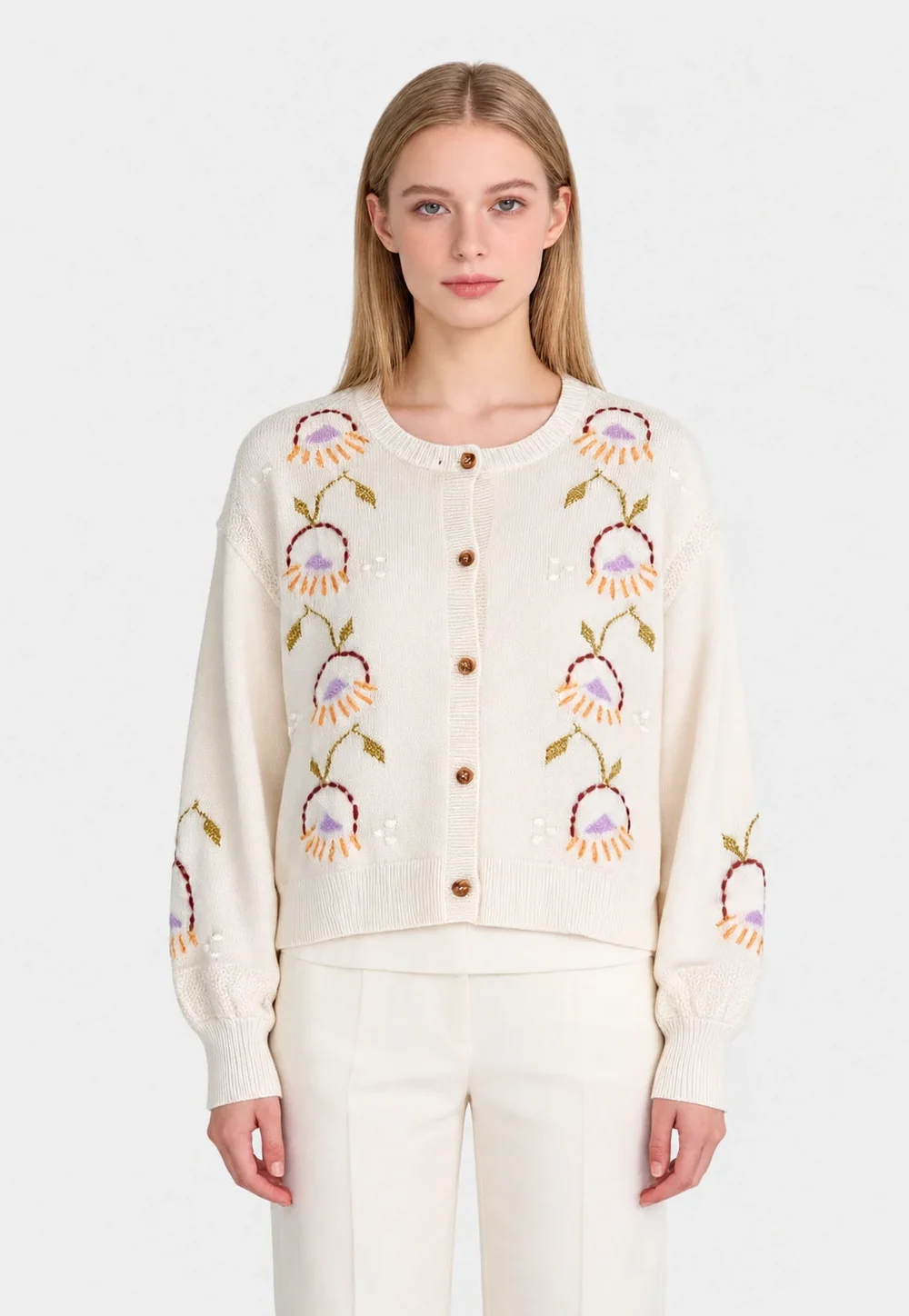 Delicate Floral Embroidered Cashmere Blend Cardigan