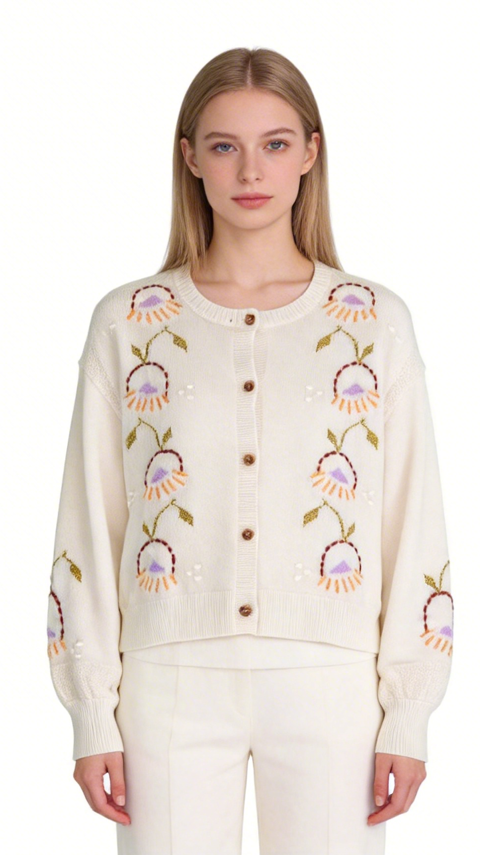 Delicate Floral Embroidered Cashmere Blend Cardigan
