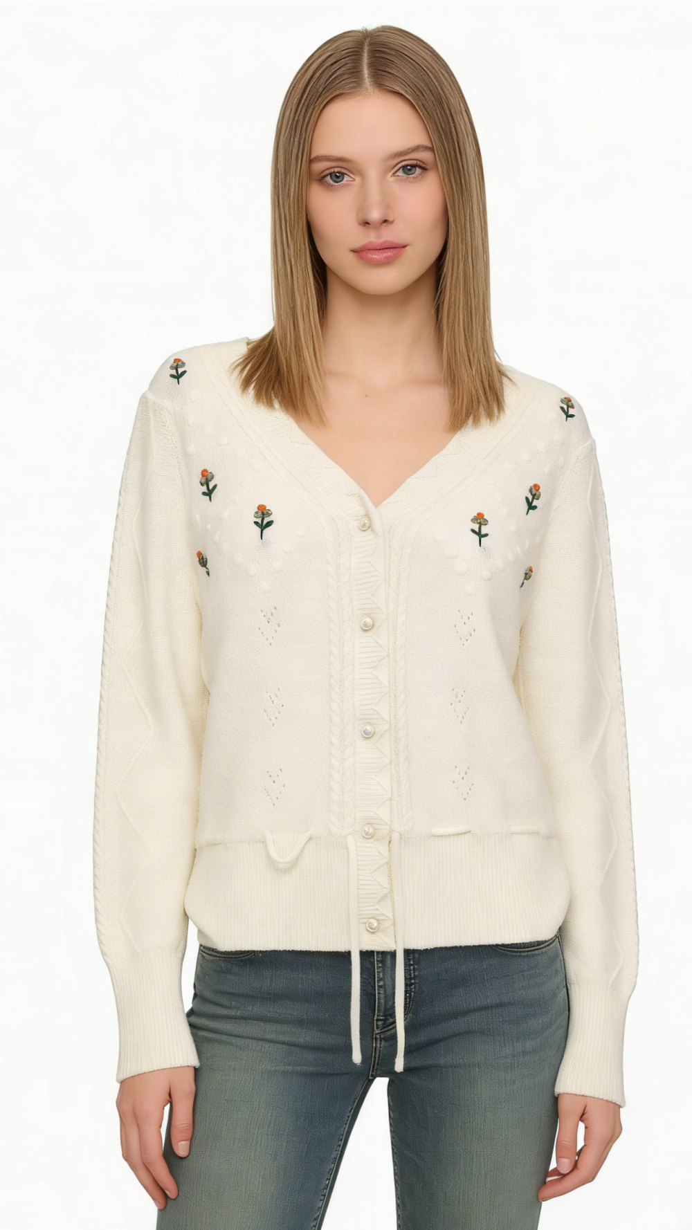 Embroidered Drawstring V-Neck Cardigan