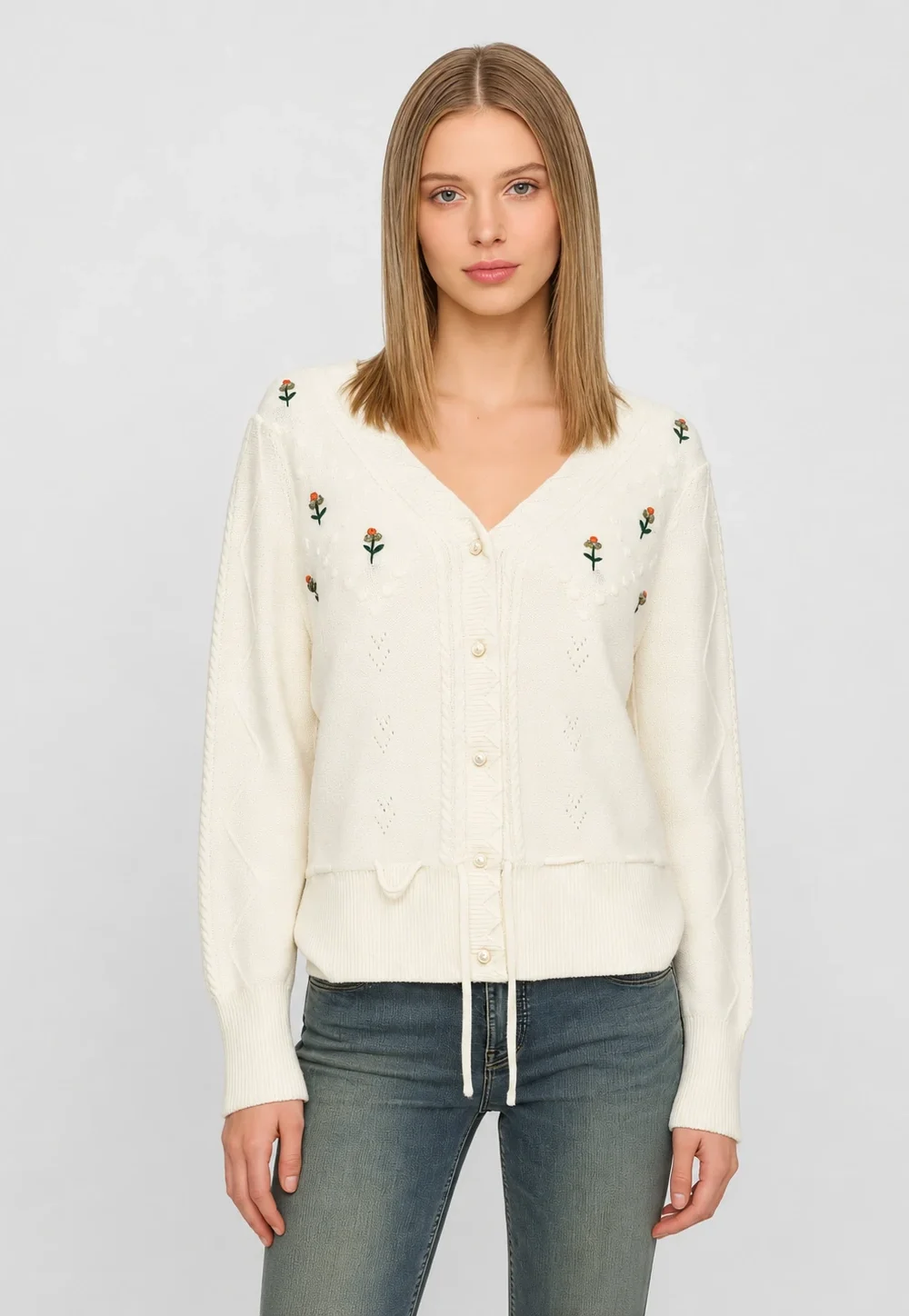 Embroidered Drawstring V-Neck Cardigan