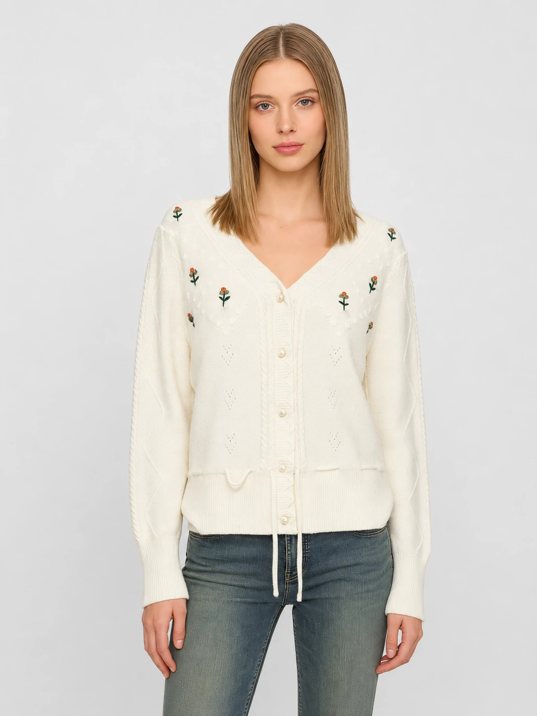 Embroidered Drawstring V-Neck Cardigan 1 Embroidered Drawstring V-Neck Cardigan