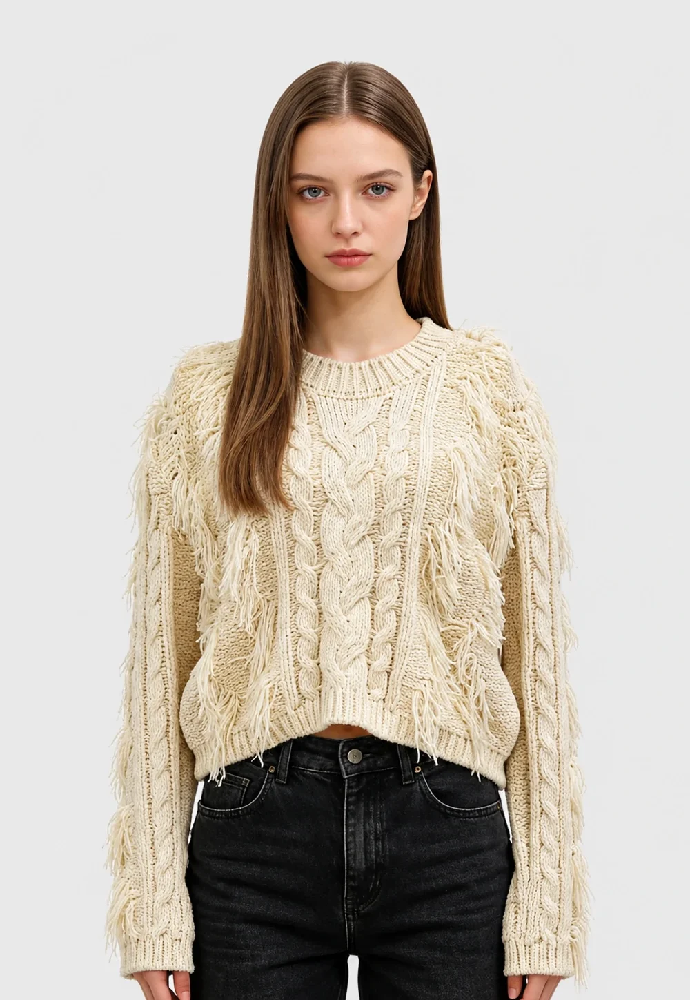Fringe Cable Knit Cotton Blend Pullover