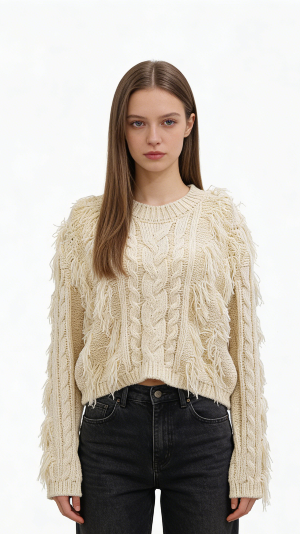 Fringe Cable Knit Cotton Blend Pullover