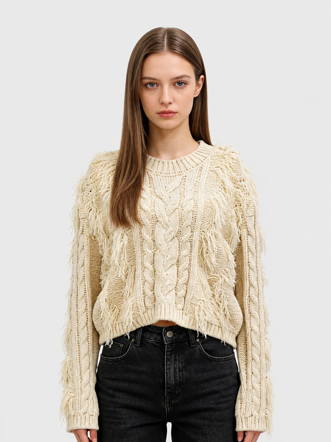Fringe Cable Knit Cotton Blend Pullover 1 Fringe Cable Knit Cotton Blend Pullover