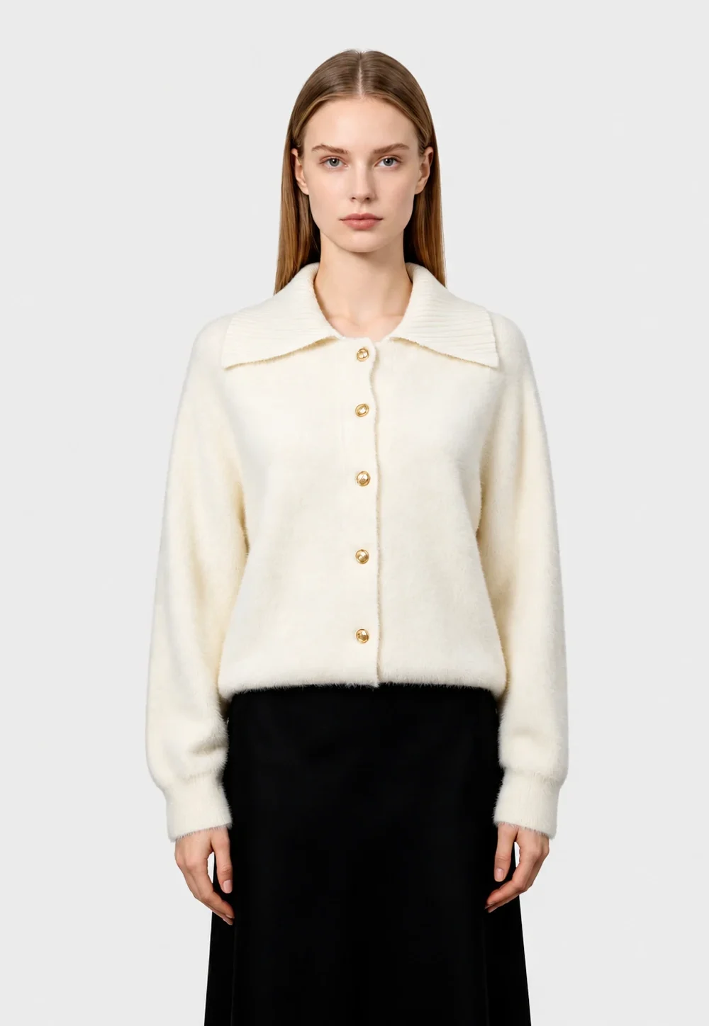 Fuzzy Faux Fur Collared Half-Button Sweater