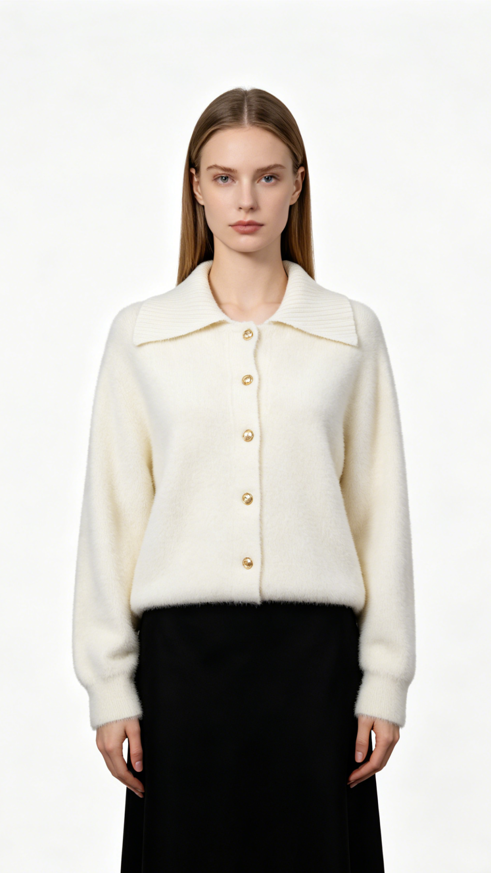 Fuzzy Faux Fur Collared Half-Button Sweater