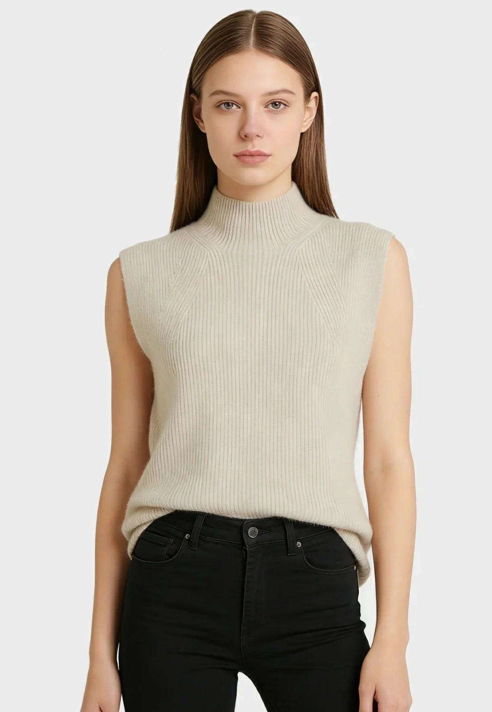 Raccoon Wool Blend Ribbed Knit Mock Neck Vest