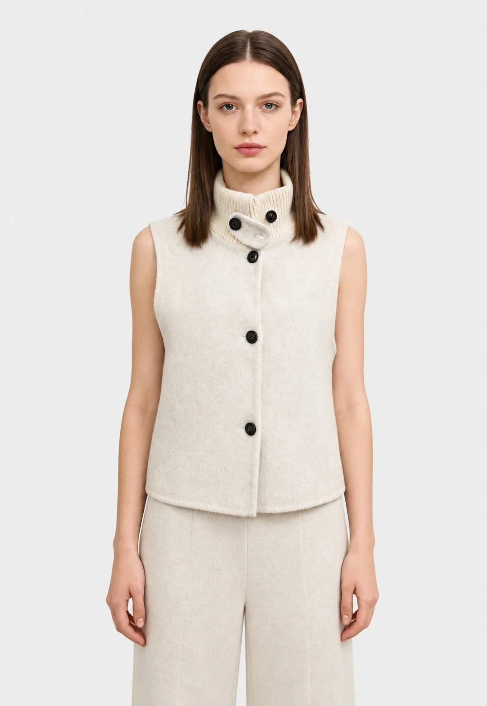 Fuzzy Knit Button Front Stand Collar Vest