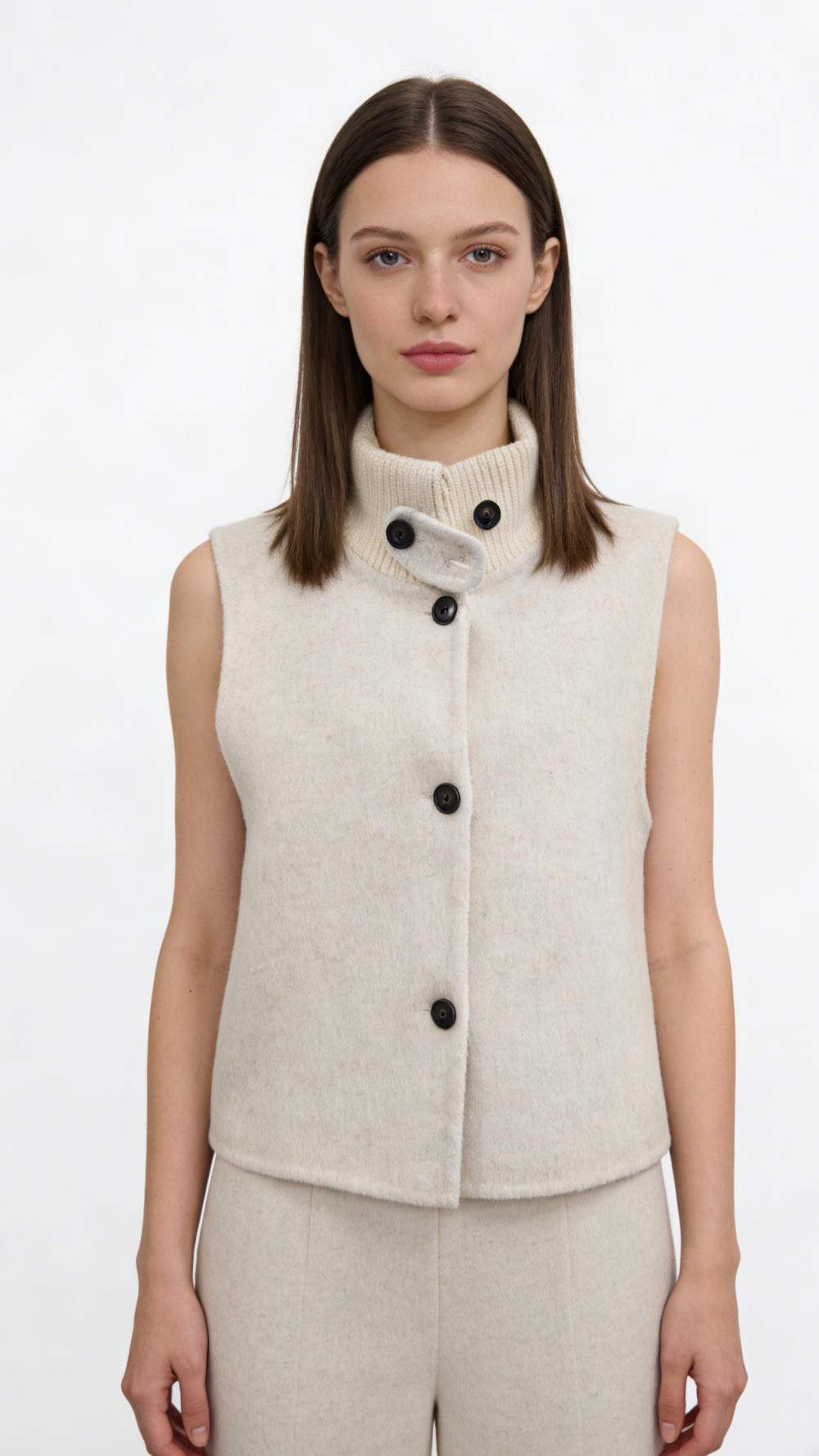 Fuzzy Knit Button Front Stand Collar Vest