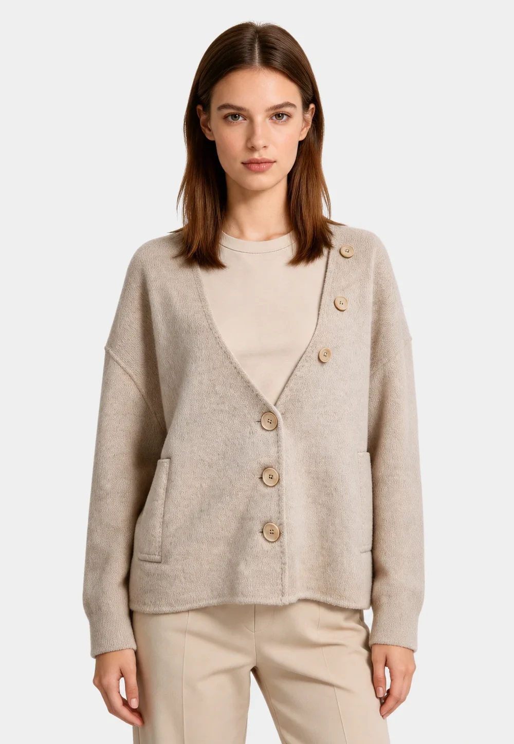 Oatmeal Brushed Asymmetric Button Wool Blend Jacket