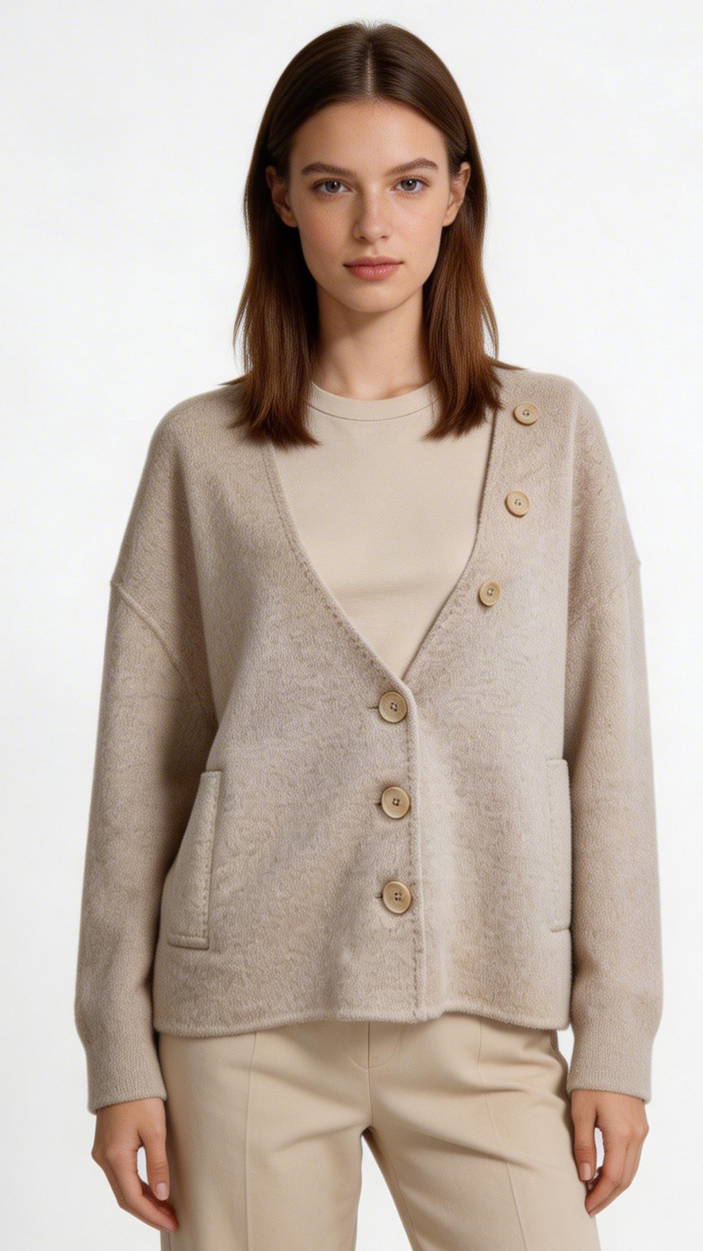 Oatmeal Brushed Asymmetric Button Wool Blend Jacket